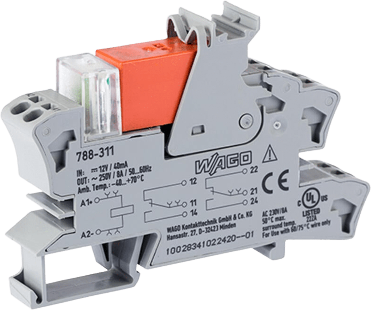 Módulo Relé / 12V DC / 8A / 2 Inversores / LED Rojo / Push-in CAGE CLAMP® / Montaje Carril DIN / IP20 / Gris — WAGO · SKU 788-311