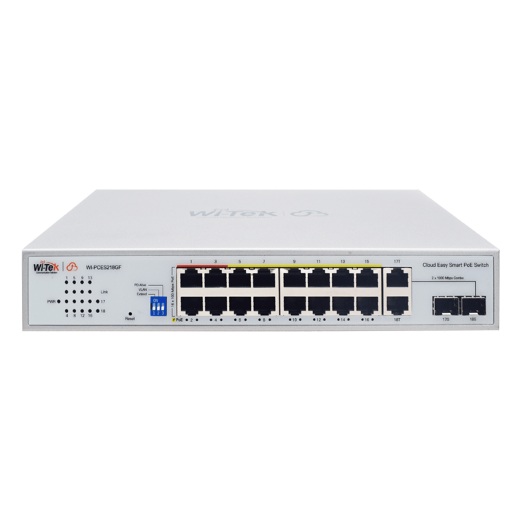 Switch PoE / Administración en la nube / Con 16 puertos 10/100 Mbps PoE af/at (Puertos 1-4: bt 90W) / 2 Puertos Uplink 10/100/1000 Mbps / 1 Puerto SFP Gigabit / Presupuesto 250 W / PoE hasta 250 metros / Soporta protocolo ONVIF — WI-TEK · SKU WI-PCES218GF
