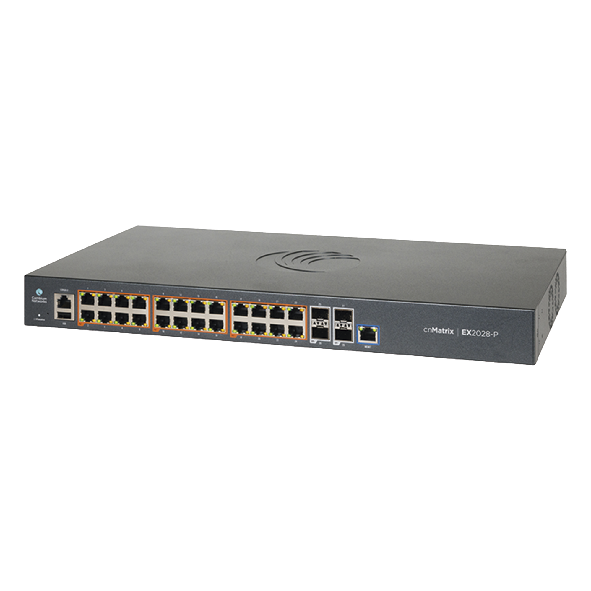 Switch cnMatrix EX2028-P capa 3 de 28 puertos (24 PoE Gigabit 802.3af/at, 4 SFP+) administración desde la Nube (MX-EX2028PxB-U) — CAMBIUM NETWORKS · SKU MX-EX2028PXB-U