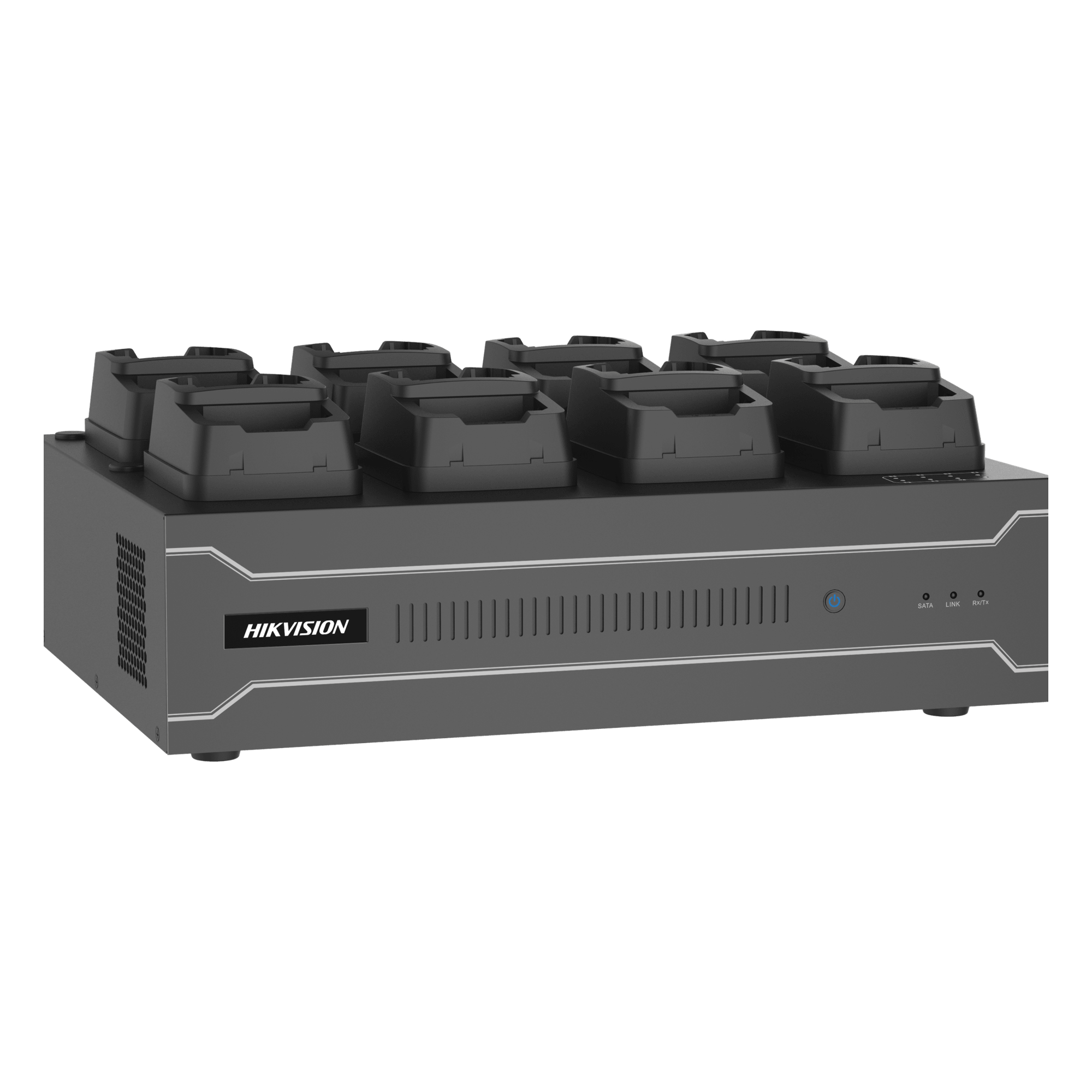 Dock Station de Escritorio con 8 Estaciones de Carga para Body Cams / Doble Interfaz de Red / 4 Bahías de HDD / Carga y Respaldo Automático / Prevención de Pérdida de Datos / Cobertura Cíclica / Reproducción d — HIKVISION · SKU DSMDS001/2T/8(B)(MCW409)