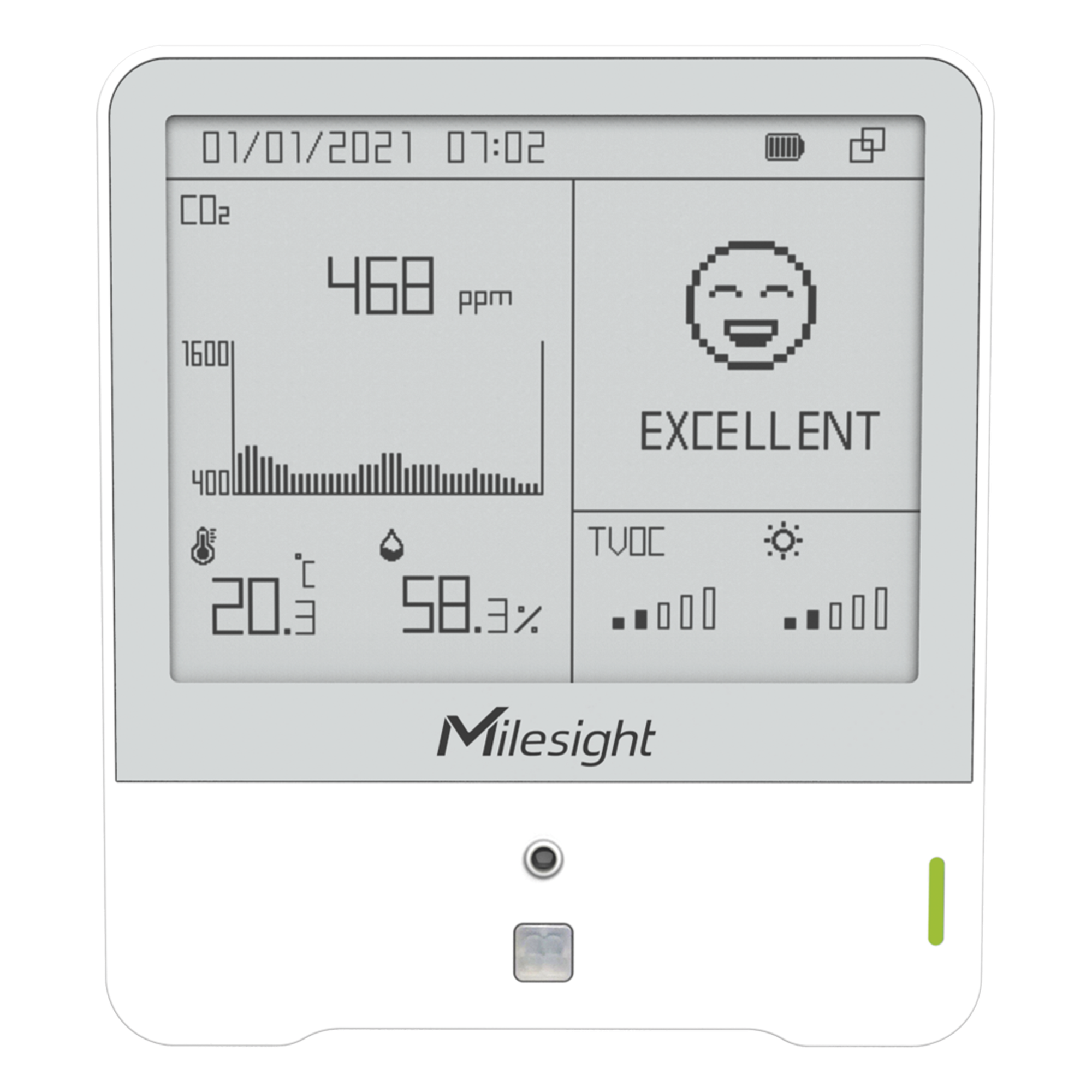 Monitor Ambiental LoRaWAN con Display E-ink 4.2" / 9 Sensores Integrados (Temp, Hum, CO2, TVOC) / Certificación WELL / Alimentación Batería o Tipo C — MILESIGHT · SKU AM307-915M