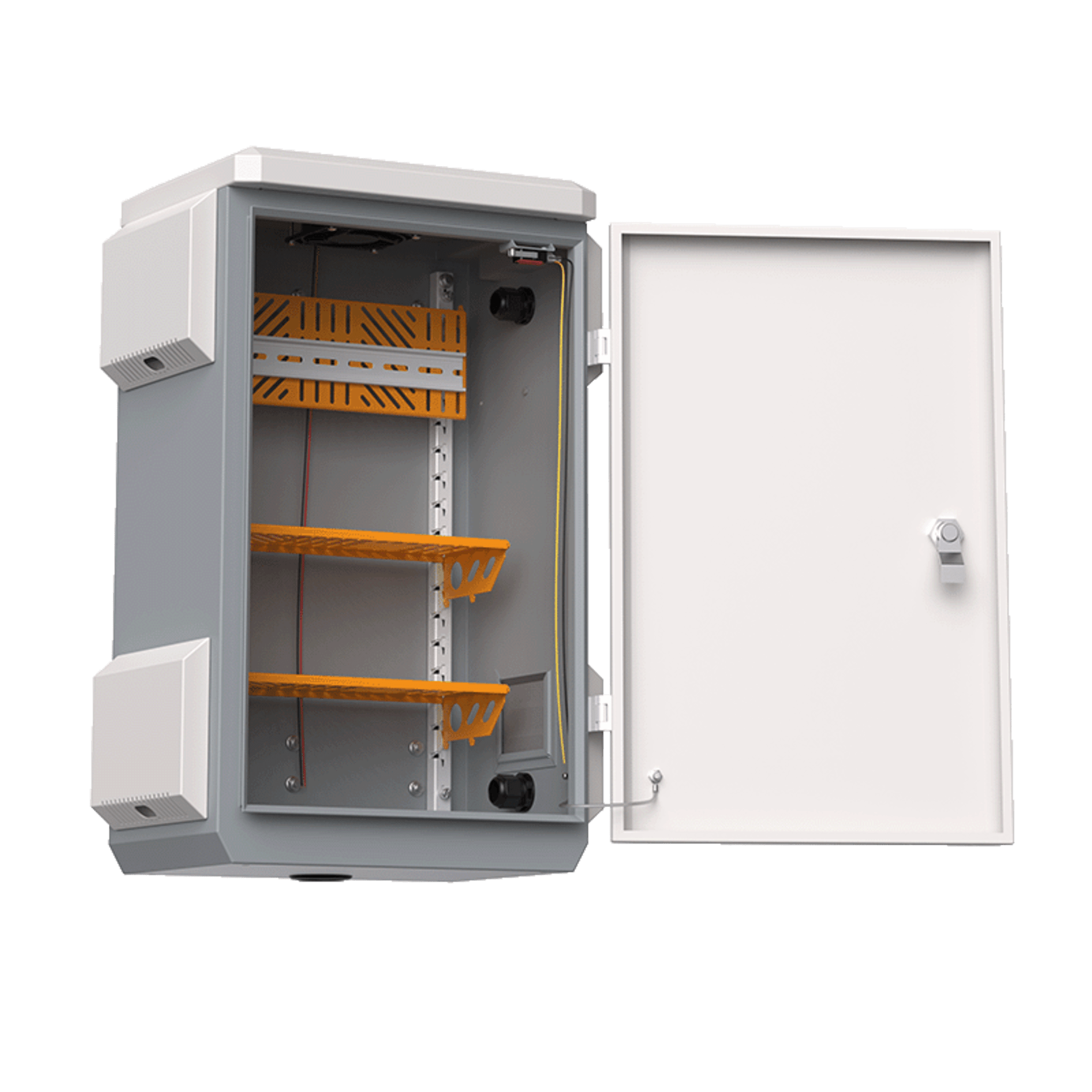 Gabinete de Acero Ventilado para Exterior 680 x 480 x 315 mm con Rieles DIN y 4 Placas Laterales para Montaje de Equipos por Fuera