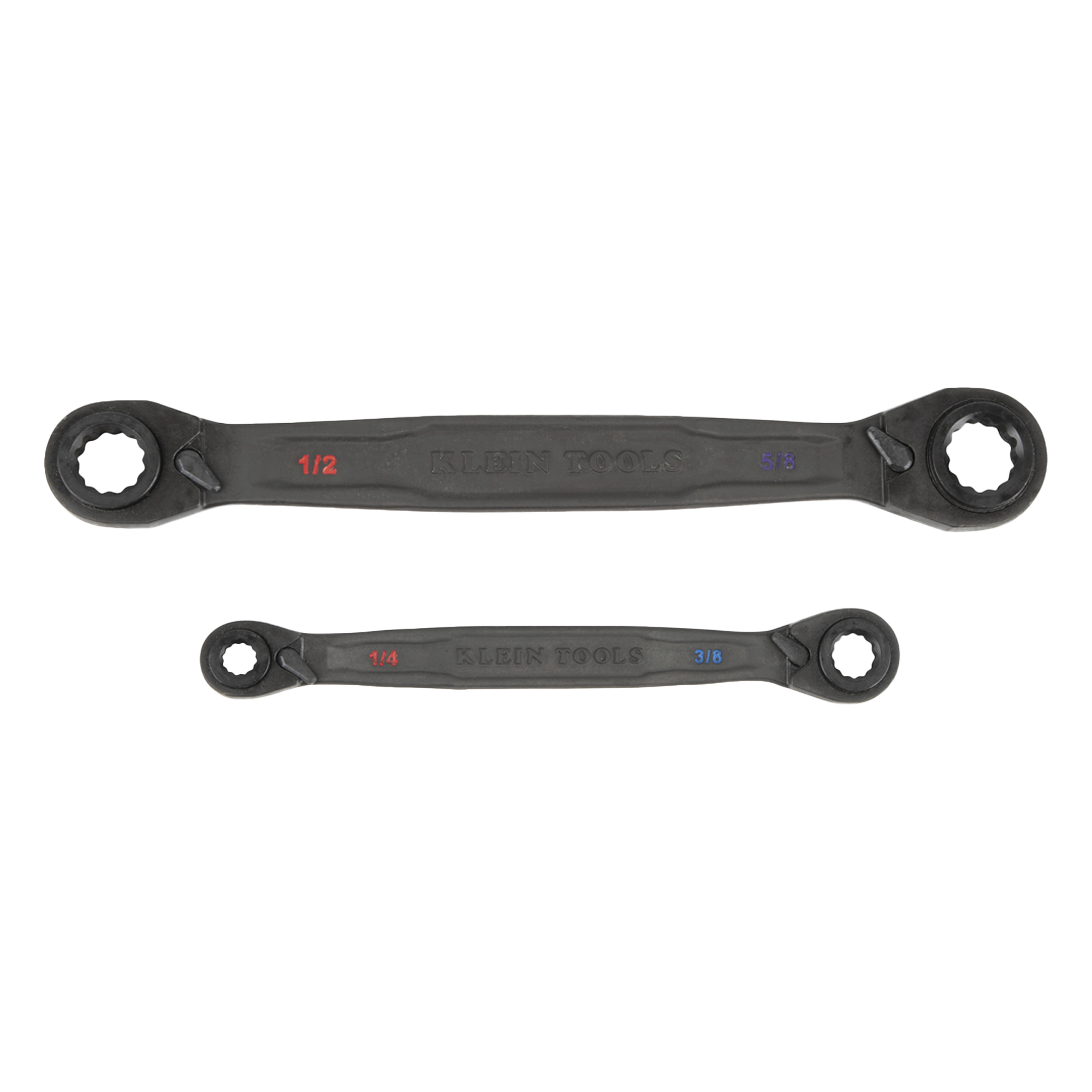 Juego de 2 llaves Estriadas de Matraca 4 en 1 con 8 Medidas Inglesas 1/2-5/8", 3/4-9/16", 1/4-3/8", 7/16-5/16" — KLEIN TOOLS · SKU 68216