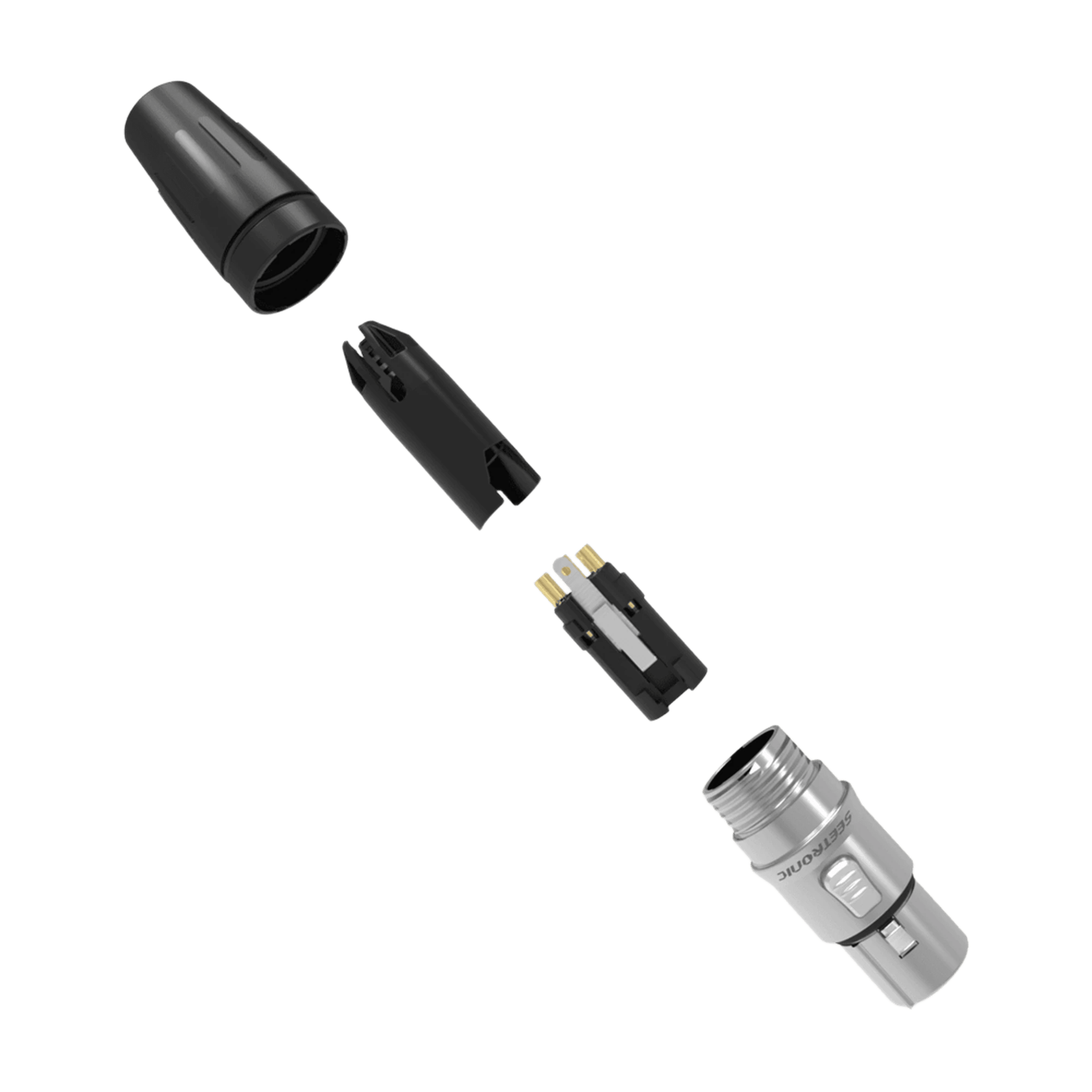 Conector hembra XLR de 3 núcleos con carcasa de acero inoxidable y contactos chapados en oro