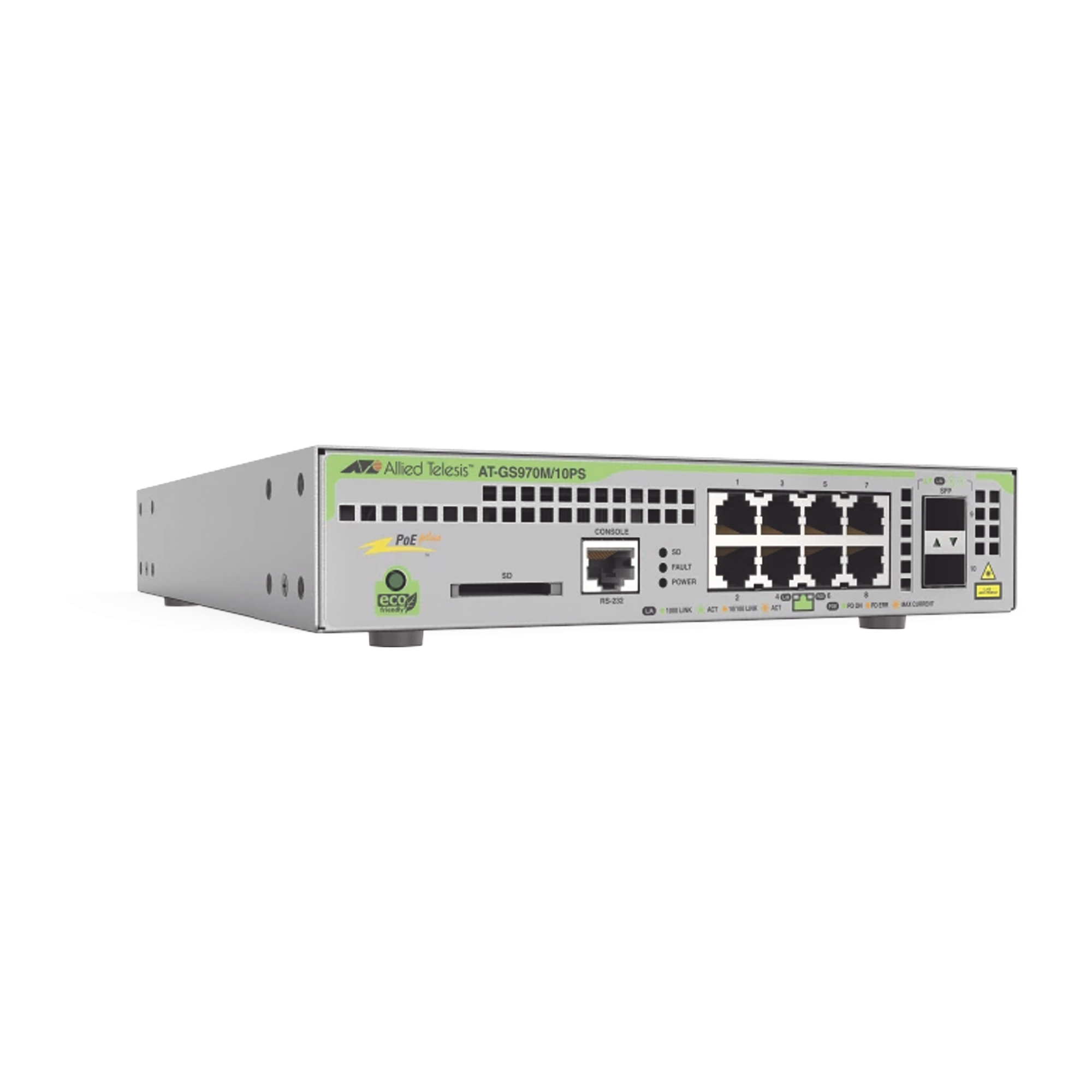 Switch PoE+ Administrable CentreCOM GS970M, Capa 3 de 8 Puertos 10/100/1000 Mbps + 2 SFP Gigabit, 124 W — ALLIED TELESIS · SKU AT-GS970M/10PS-R-10