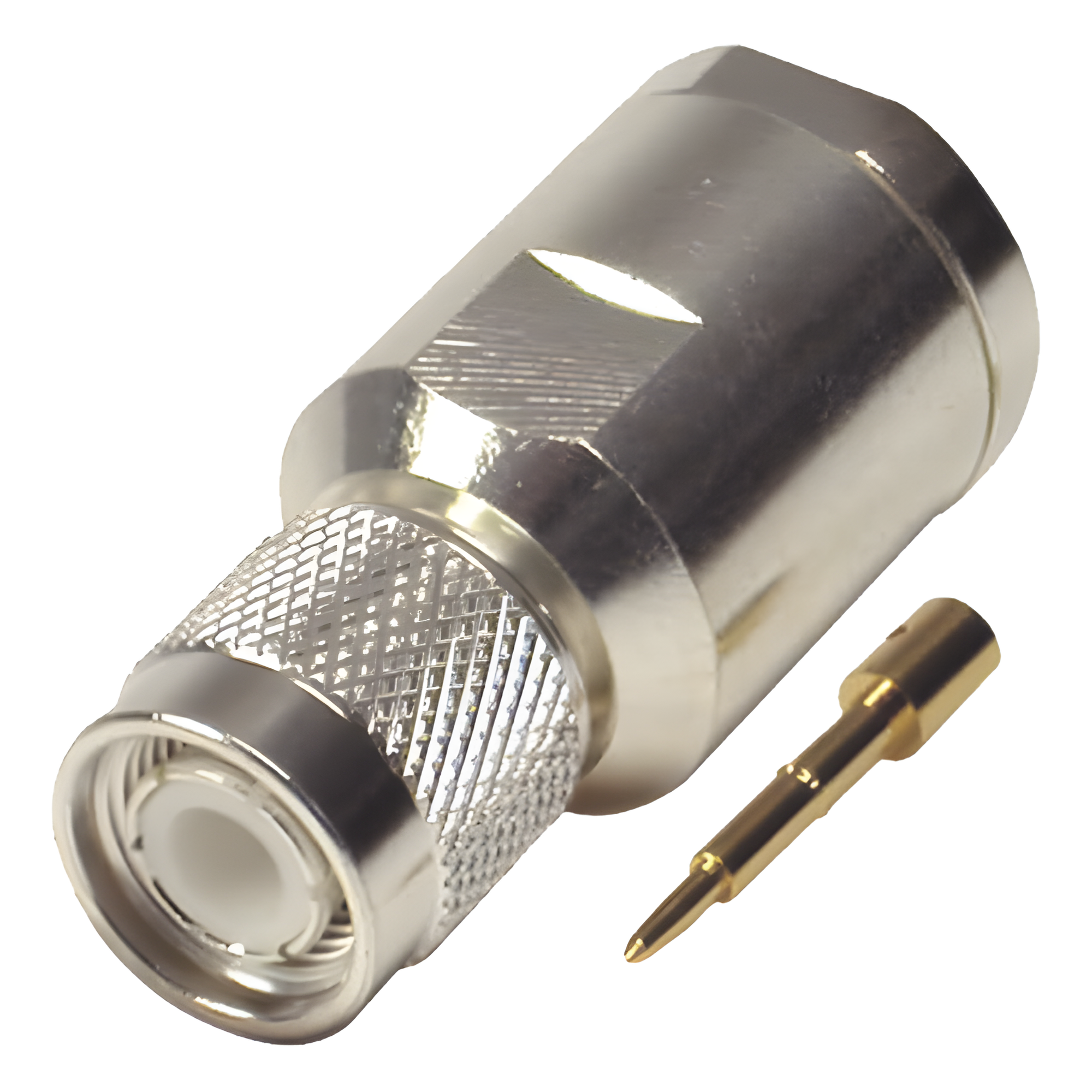 Conector TNC Macho de Rosca en 50 Ohm para cable LMR-400, 9913, 8214, CNT-400, RG8/U-SYS, RFLASH-1113, Plata/ Oro/ Teflón. — RF INDUSTRIES,LTD · SKU RFT-1201-SI