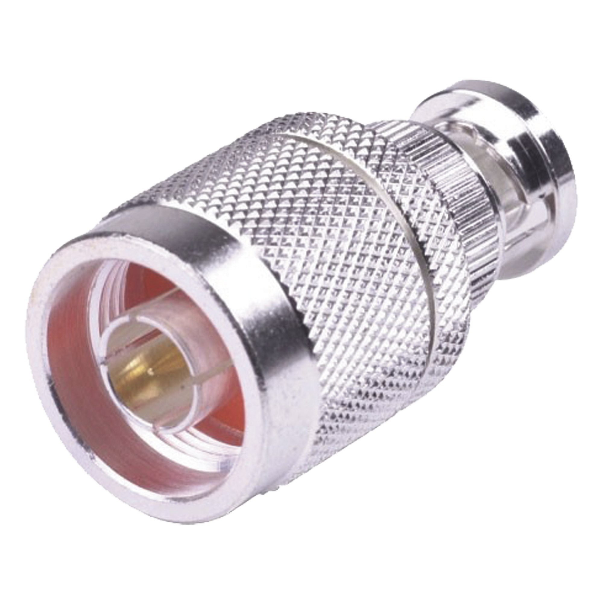  Adaptador en Línea, de Conector N Macho a BNC Macho, Plata/ Oro/ Teflón. — RF INDUSTRIES,LTD · SKU RFN-1040-1