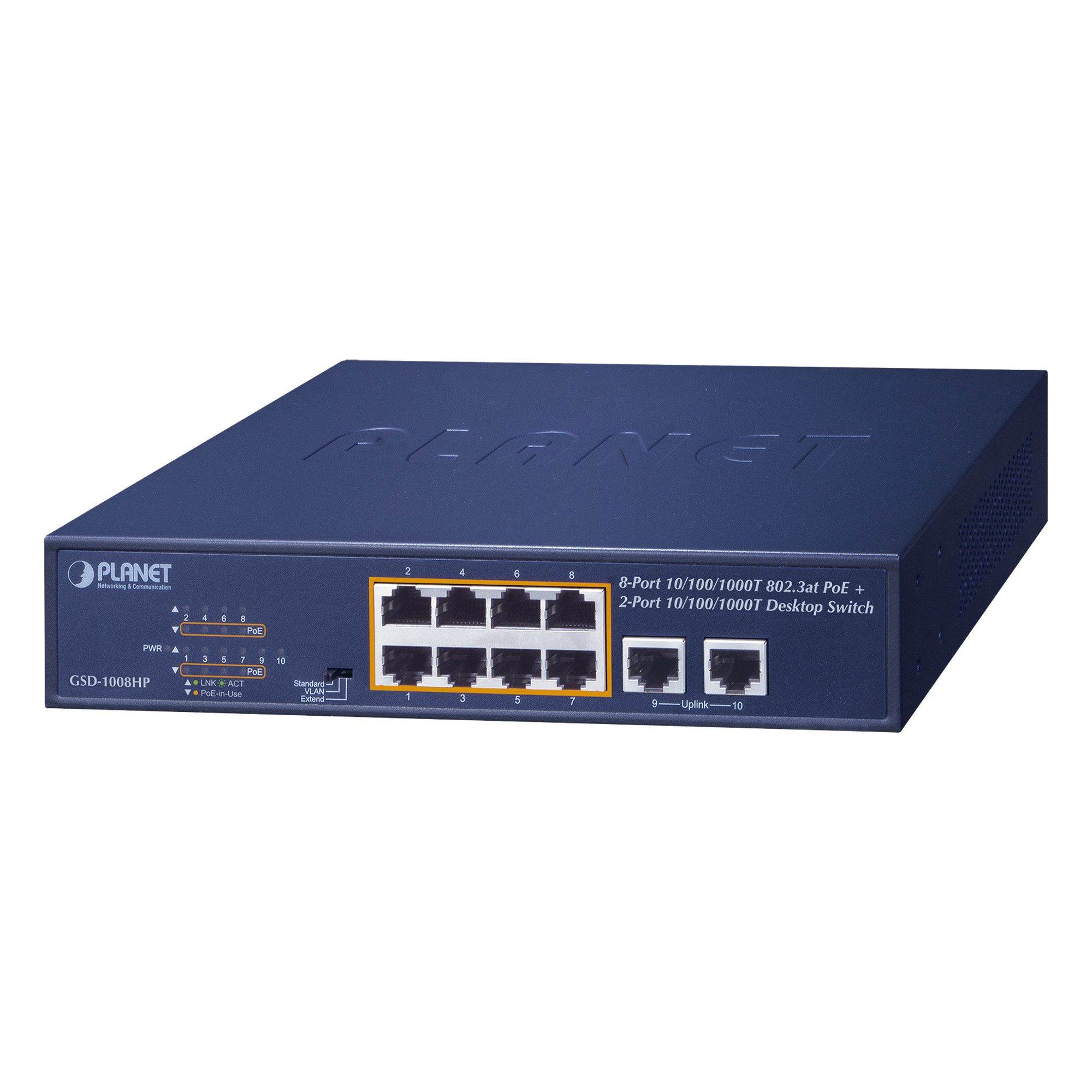 Switch de Escritorio No Administrable / 8 Puertos 10/100/1000T PoE+ 802.3at / 2 Puertos Uplink 10/100/1000T / Presupuesto PoE 120 Watts / Modos Estándar, VLAN y Extend / Distancia Extendida 250 mts / Rackeable — PLANET · SKU GSD-1008HP