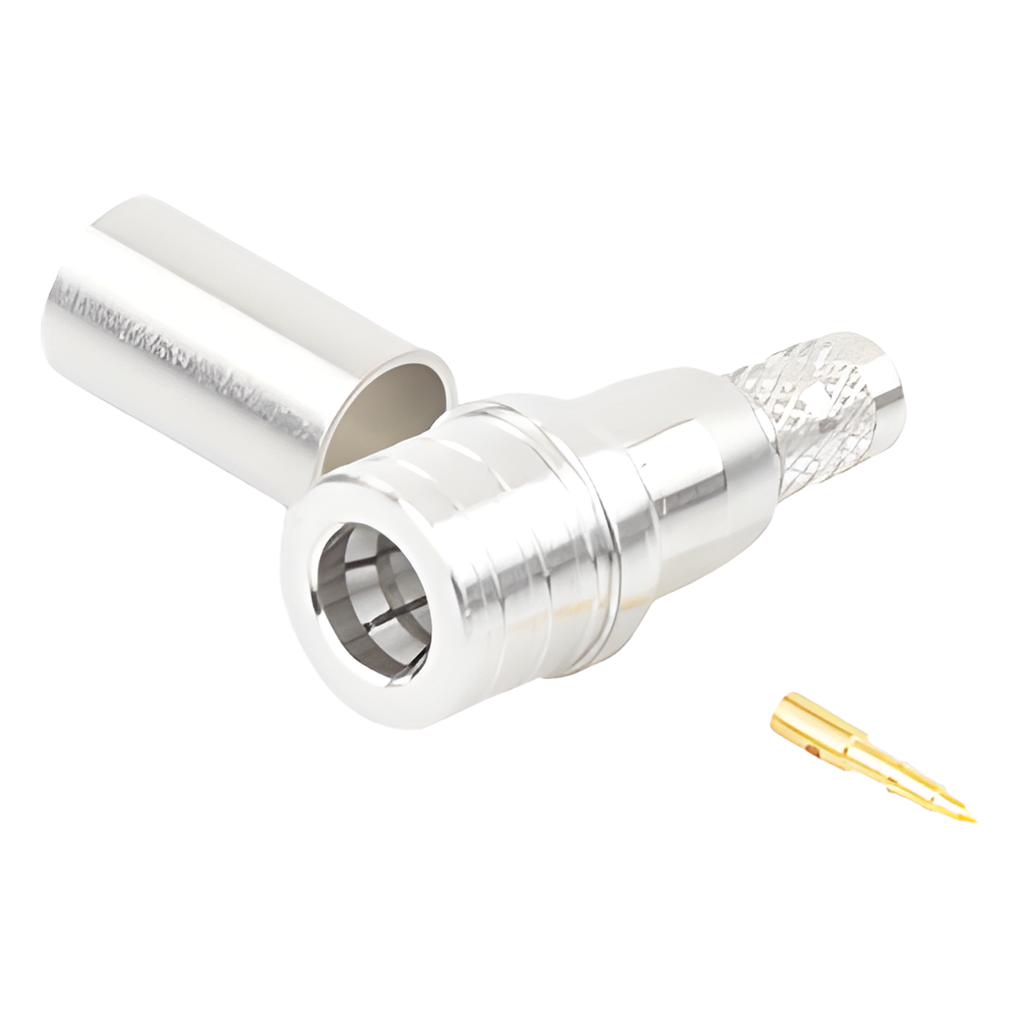 Conector QMA (Quick Mate) Macho, Anillo Plegable para RG-8/X, LMR-240, Bronce Blanco/Oro/Teflón. — RF INDUSTRIES,LTD · SKU RQA-5000-X