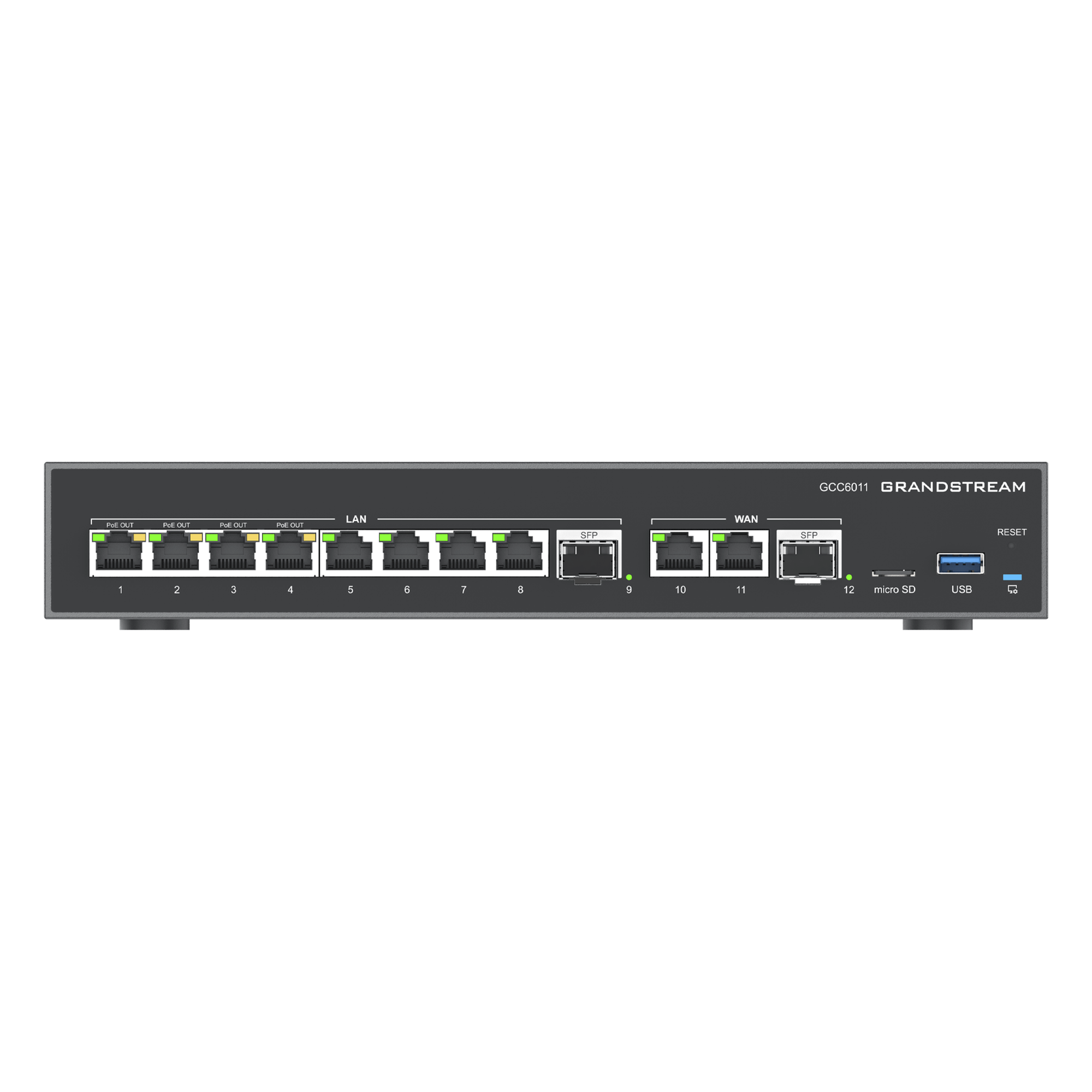 Firewall de Nueva Generación / Router VPN 2.5 Gbps / IP PBX 12 Usuarios / Switch 10 Puertos Gigabit / 4 Puertos PoE 802.3af/at / 2 Puertos SFP 2.5G / Wi-Fi 6 Doble Banda — GRANDSTREAM · SKU GCC6011