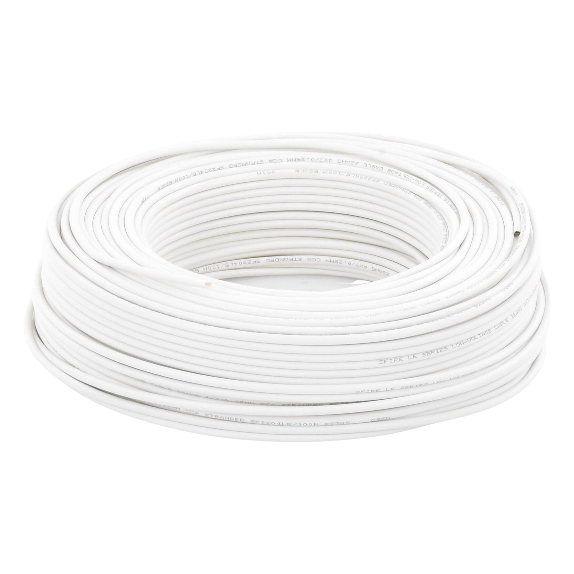 Bobina de 100 Metros (328.08 Pies) / Cable de CCA / 4 x 22 AWG / Tipo Aluminio Revestido de Cobre / Aplicaciones en Alarmas de Intrusión / Automatización — SFIRE · SKU SF-22-04-LE/100M