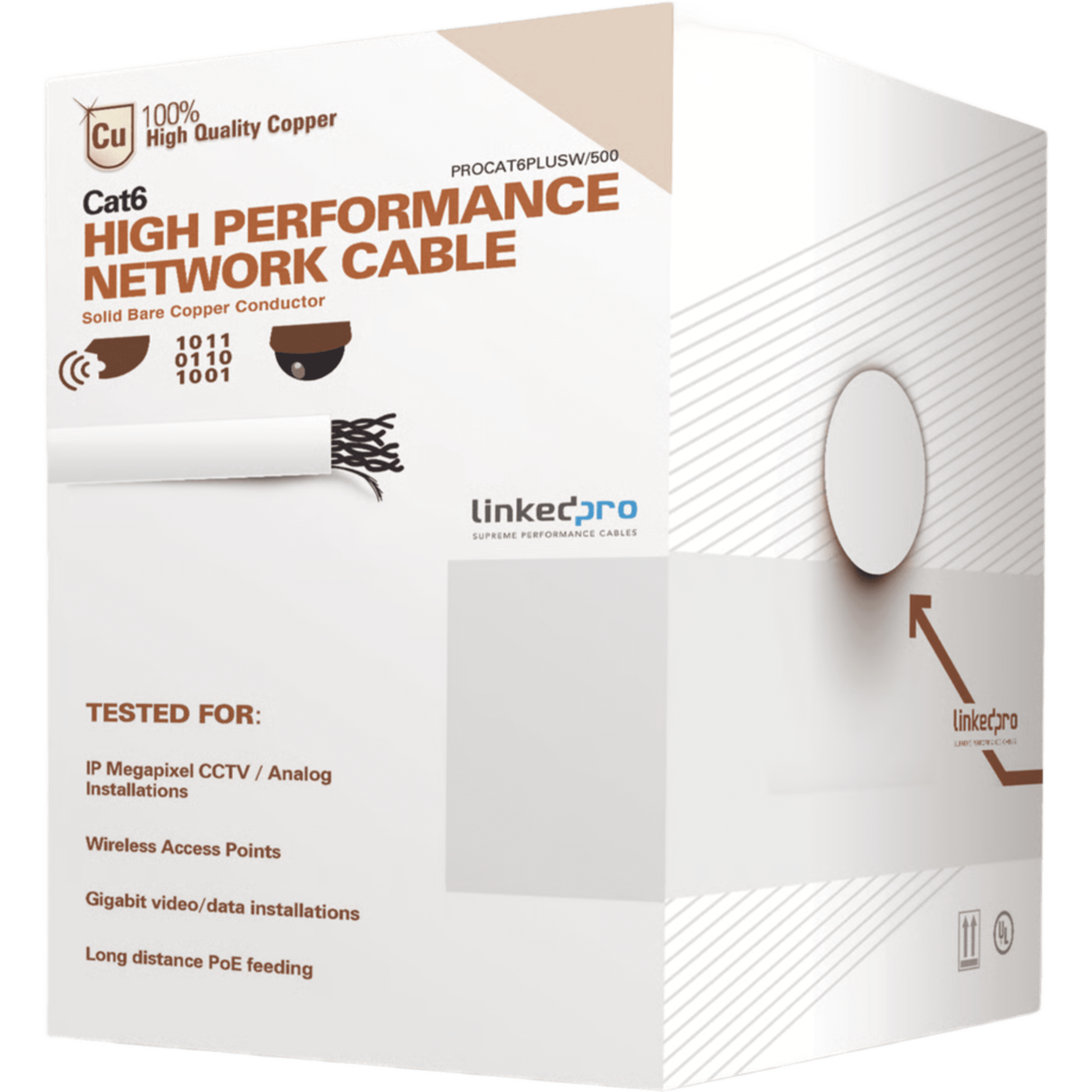 Cable de Red UTP / Cat6+ / Calibre 23 AWG / 152 m (500 ft) / 250 MHz / Gigabit Ethernet / Interior PVC CM / Blanco — LINKEDPRO BY EPCOM · SKU PRO-CAT-6-PLUS-W/500-V2