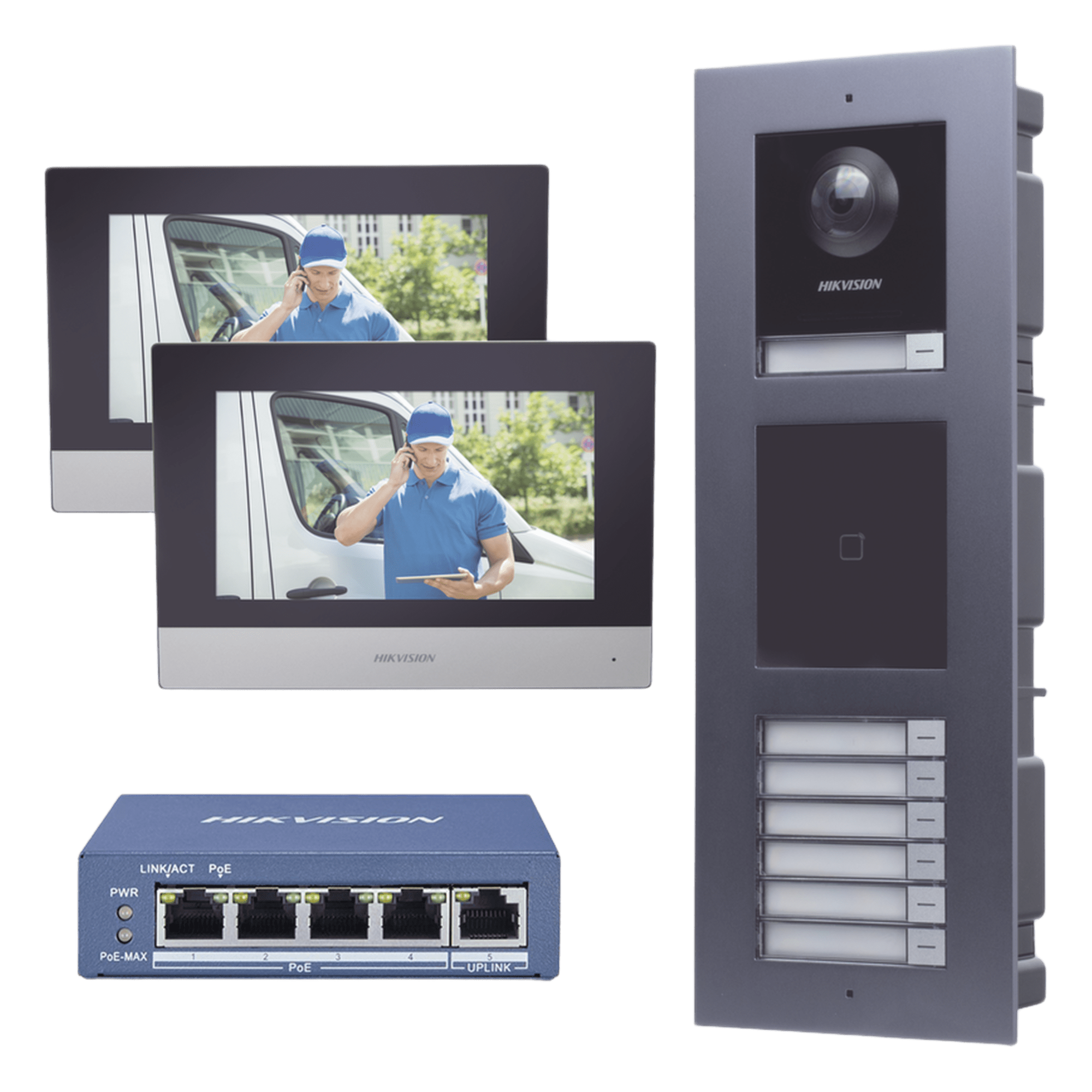 KIT de Videoportero IP para 7 DEPARTAMENTOS con llamada a App de Smartphone y Lector de Tarjetas EM / 2da Generación (Modular) / Montaje para EMPOTRAR incluido — HIKVISION · SKU DSKIS-MULTI-7AP