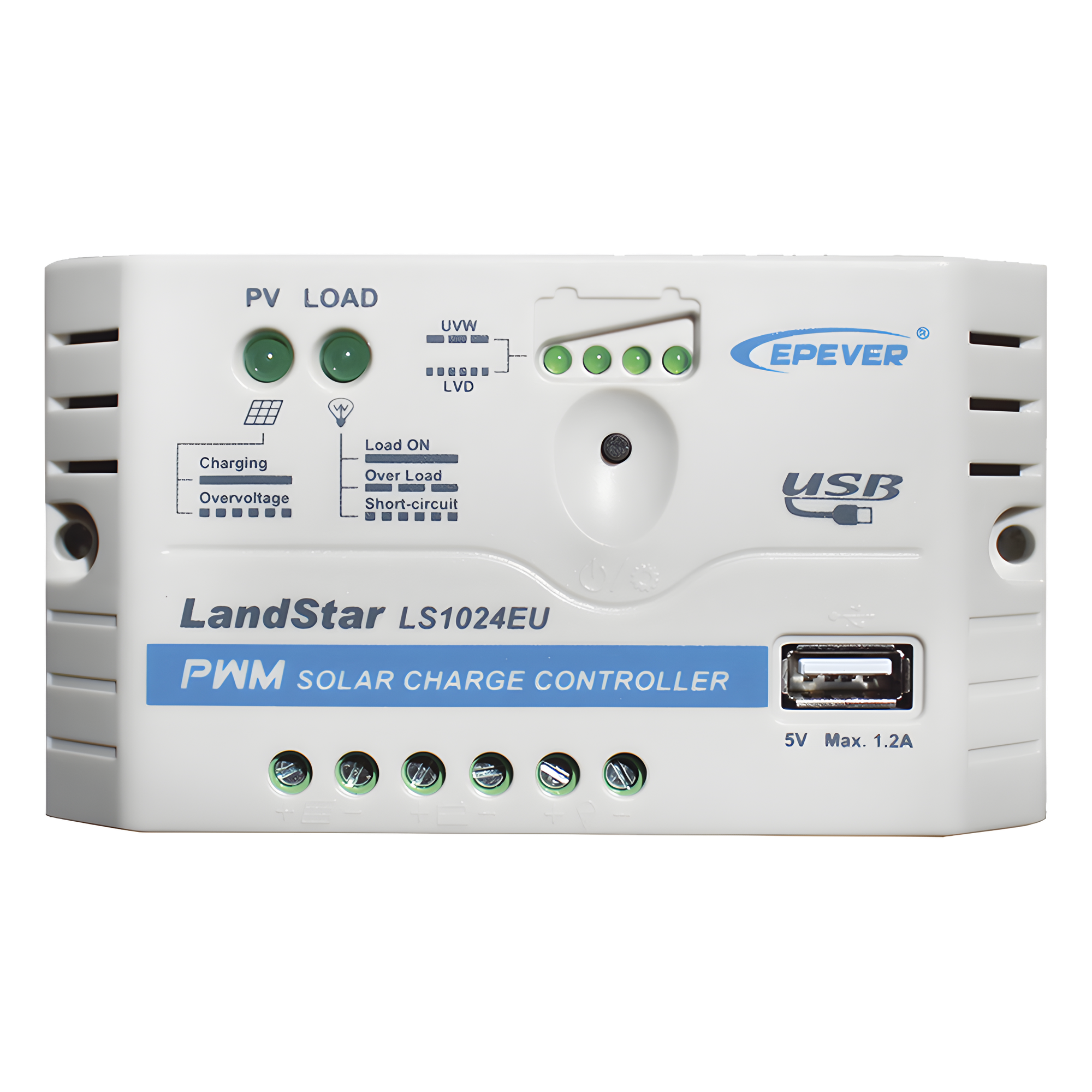 Controlador Solar PWM / 10A / 12/24V / Puerto USB / Indicadores LED / Tierra Positivo Común — EPEVER · SKU LS-1024-EU