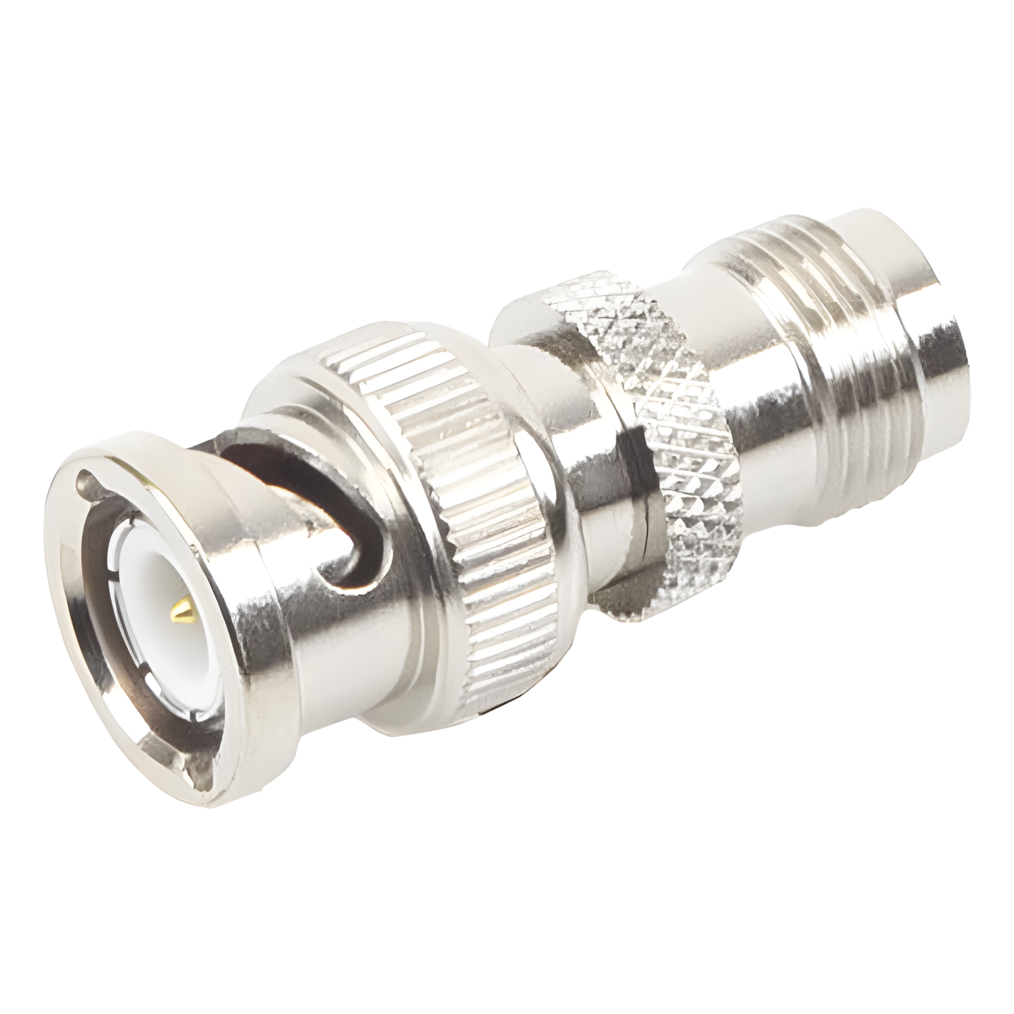 Adaptador en Línea de Conector TNC Hembra a BNC Macho, Níquel/ Oro/ Teflón. — RF INDUSTRIES,LTD · SKU RFT-1230