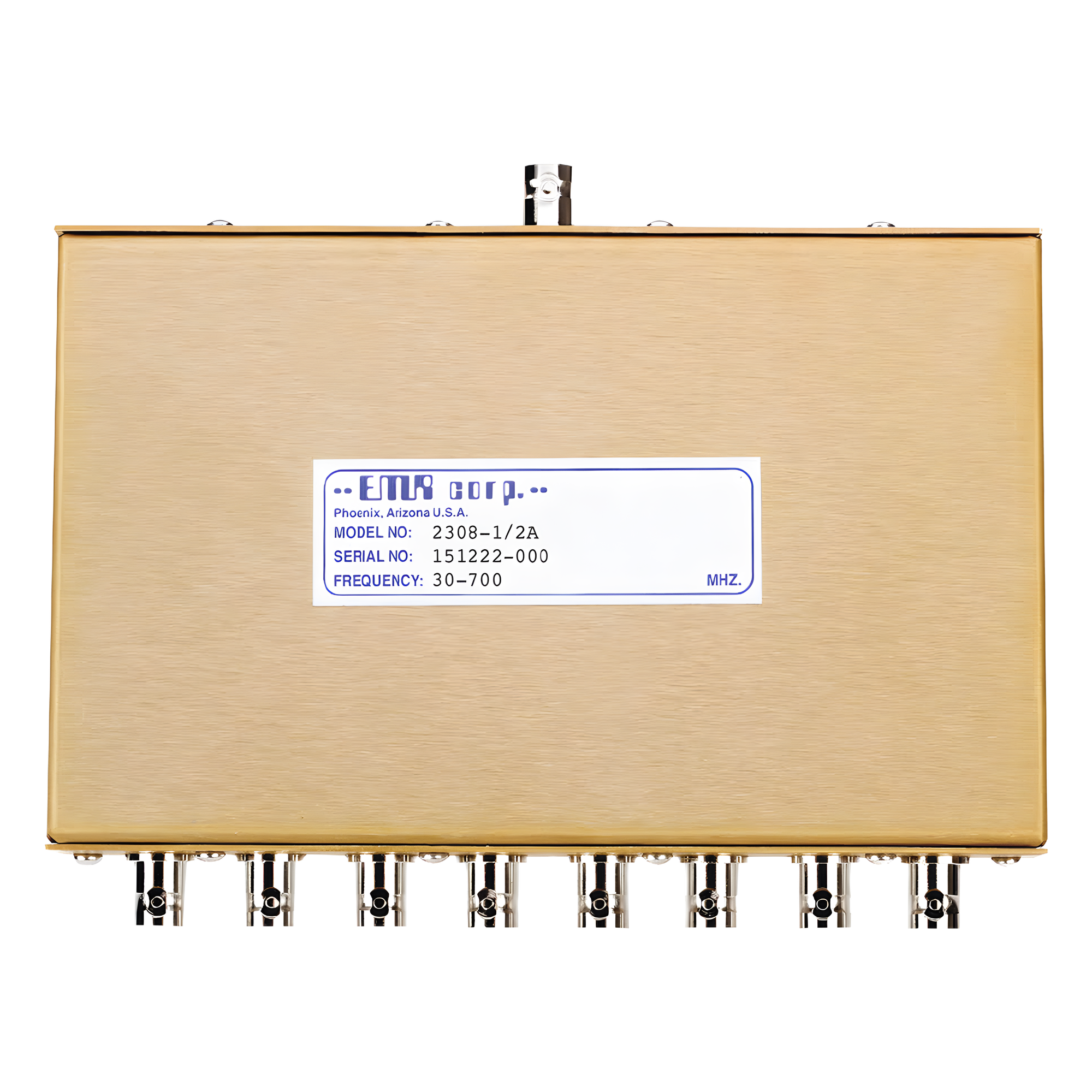 Divisor de Potencia EMR de 8 Vías, 30-700 MHz, 0.5 Watt, Conectores BNC Hembra. — EMR CORPORATION · SKU 2308-1/2A