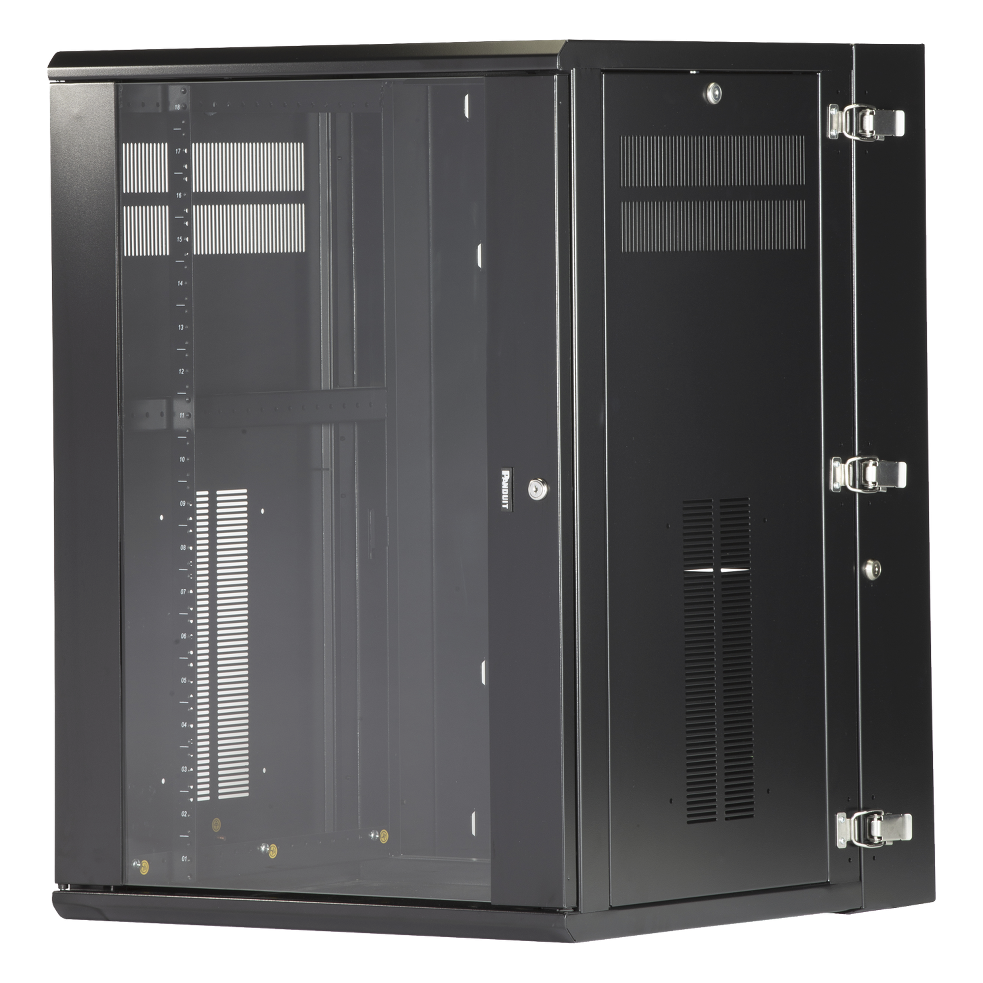 Gabinete PanZone de Montaje en Pared, de 19in, Puerta con Ventana de Seguridad, 18 UR, 635mm de Profundidad, Color Negro — PANDUIT · SKU PZWMC18W