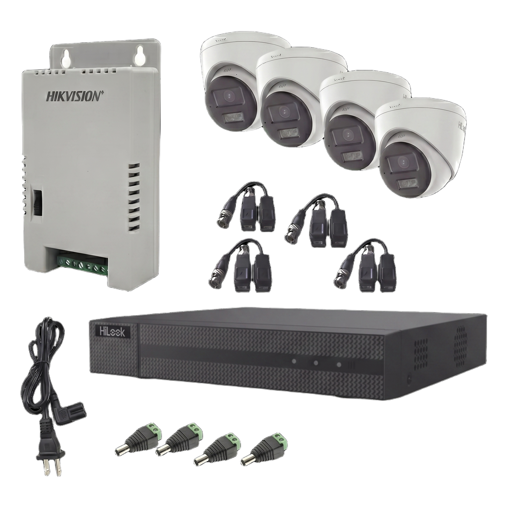 Kit HiLook Audio Bidireccional TurboHD 1080p / DVR Metalico 4 Canales / 4 Cámaras Eyeball (Exterior) con Bocina y Microfóno Integrado / 1 Fuente de Poder / Accesorios — HiLook by HIKVISION · SKU HL-2080P-4E-TWA