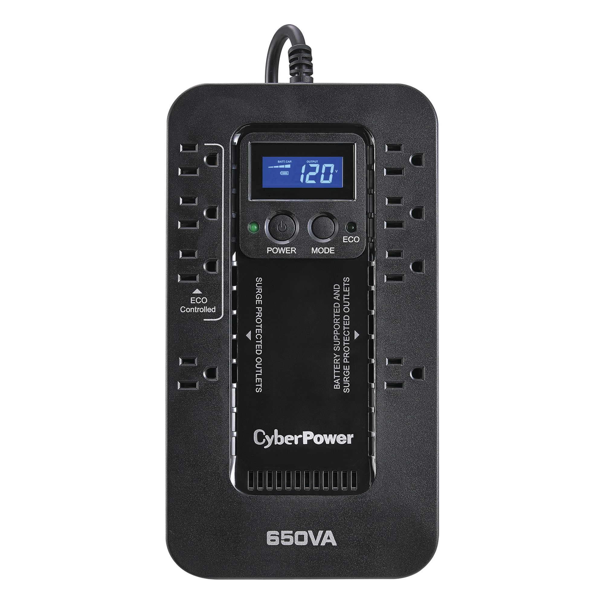 UPS de 650 VA/390 W, Topología Standby con Modo Ahorrador ECO, Entrada 120 Vca NEMA 5-15P, Con 8 Tomas NEMA 5-15R
