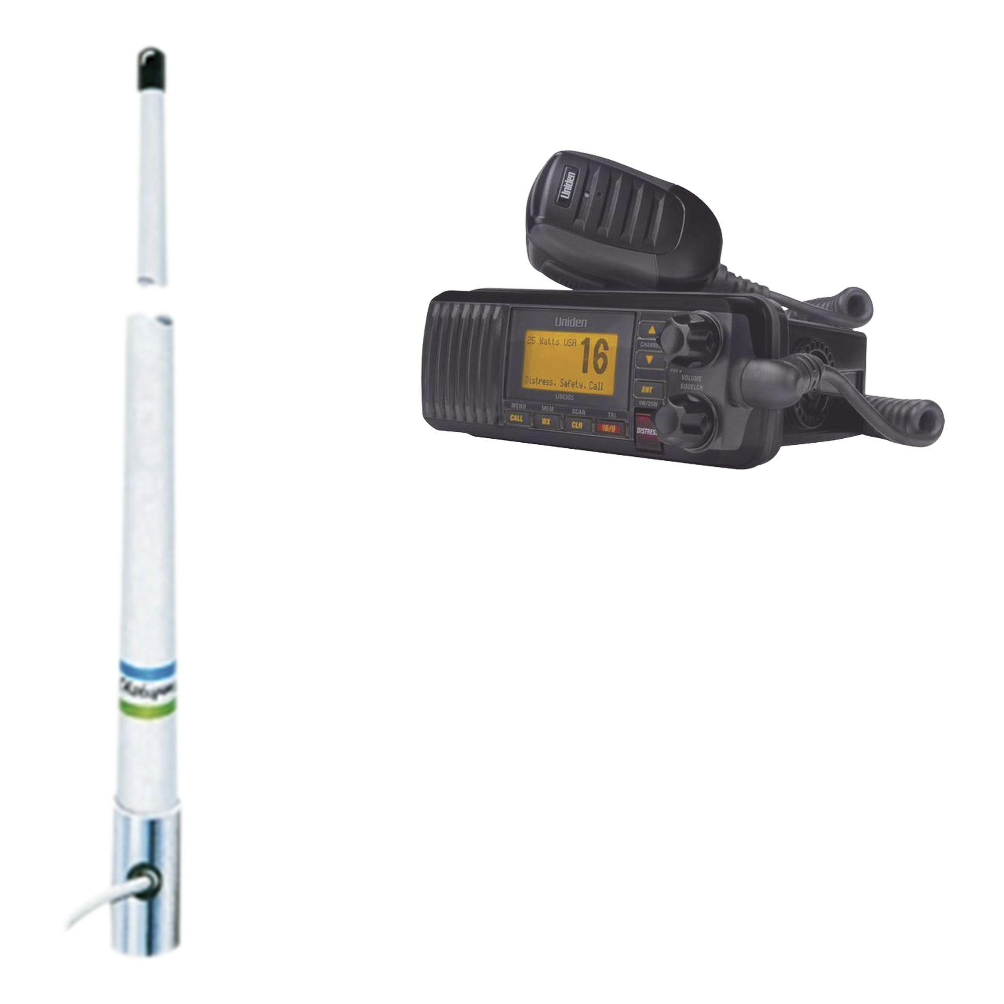 Kit de radio móvil VHF marino modelo UM-385 color negro y antena marina Shakespeare en fibra de vidrio 5101 — UNIDEN · SKU UM-385BK/5101