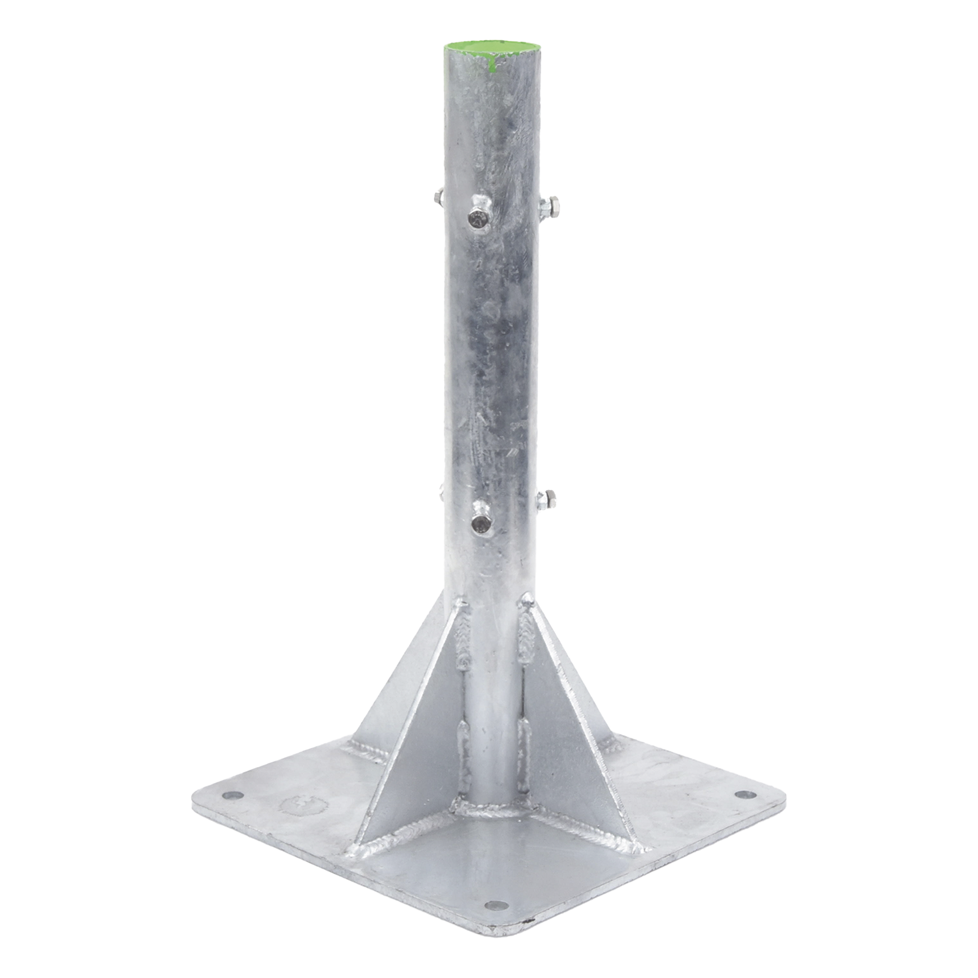 Base para Mástil / Tubo 2" Ced. 30 / Altura 80 cm (2.6 ft) / Base 50 x 50 cm / Galvanizado por Inmersión / 4 Barrenos de Fijación — SYSCOM TOWERS · SKU SLM-BA-6G