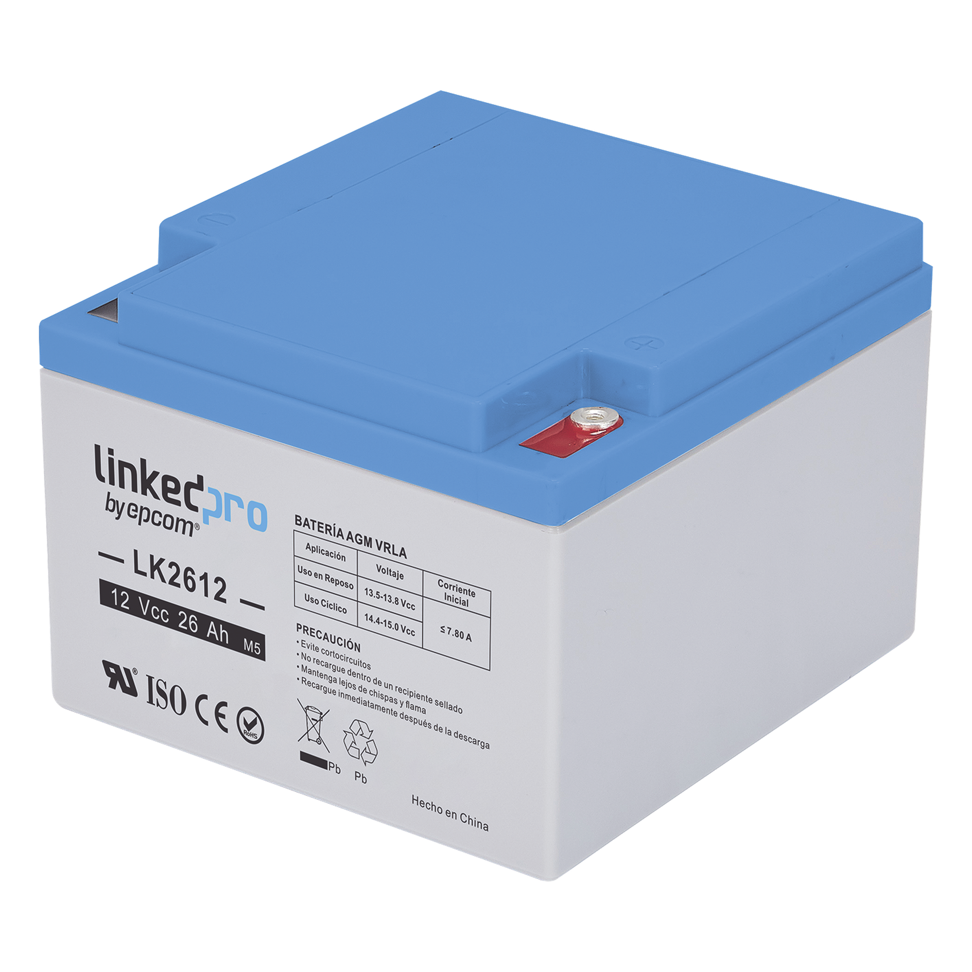 Batería de respaldo 12 V | 26 Ah AGM | Especial para Seguridad Electrónica | UPS | Sistemas de Emergencia | Vida útil 5 años | Terminales M5 — LINKEDPRO BY EPCOM · SKU LK2612