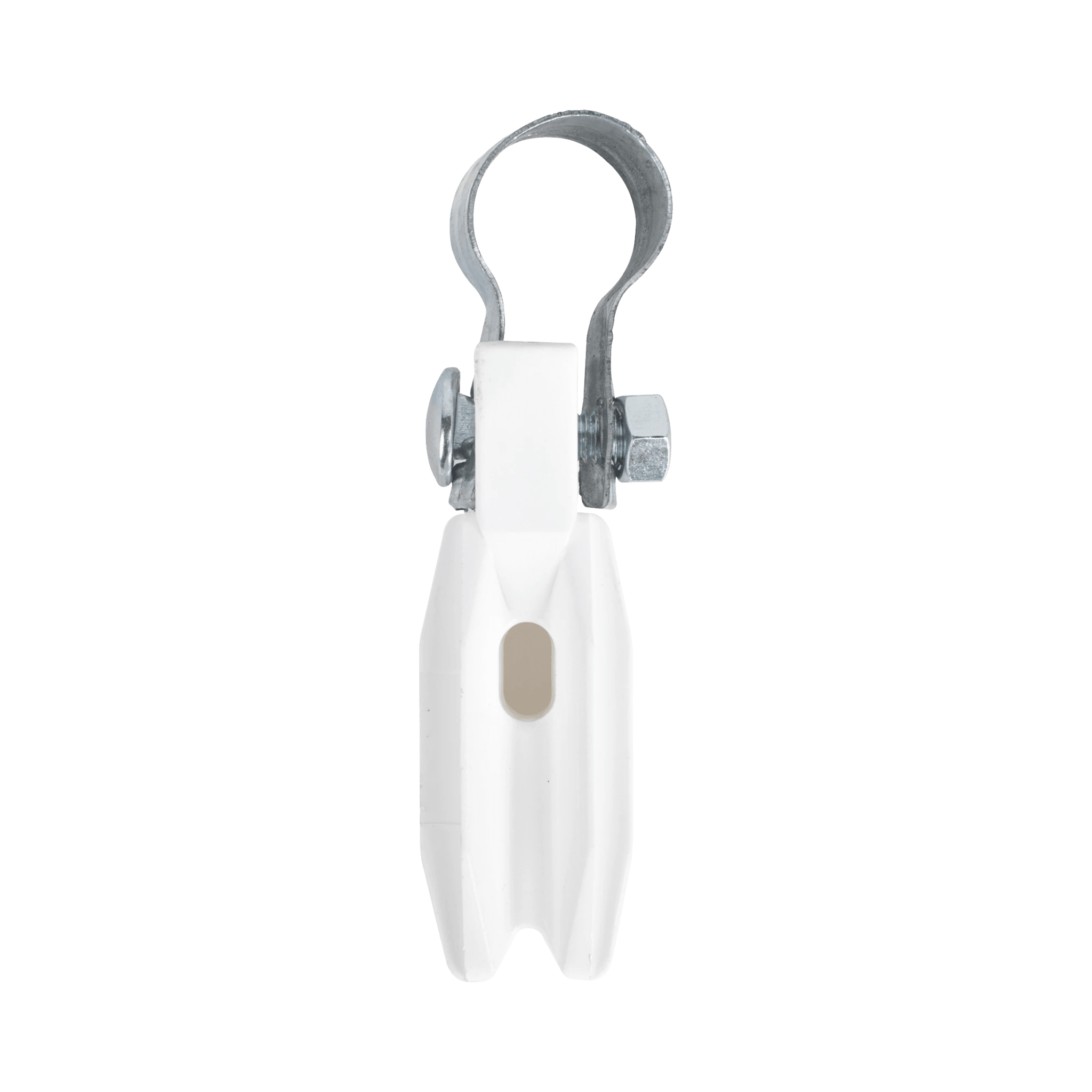 Aislador de paso o esquina de color Blanco con abrazadera incluida de 33-38mm para uso en tubería de malla ciclónica.