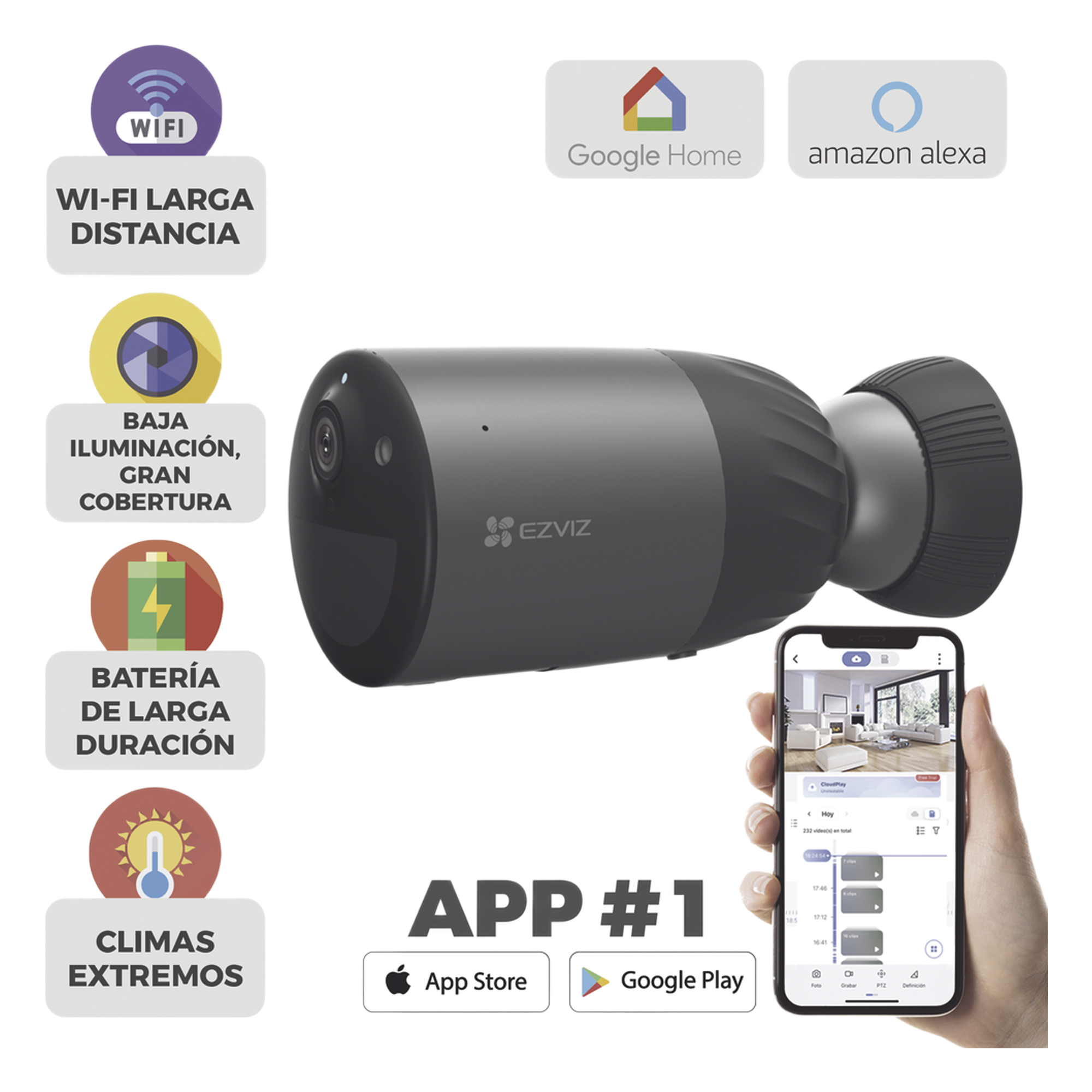 Cámara IP Inalámbrica Con Batería Recargable (Cero Cables) / Colores en Oscuridad / 2 Megapíxel / Sirena y Estrobo / Alertas de Audio Personalizable / Uso en Exterior / Grabación en la Nube / Almacenamiento Interno — EZVIZ · SKU CS-BC1C