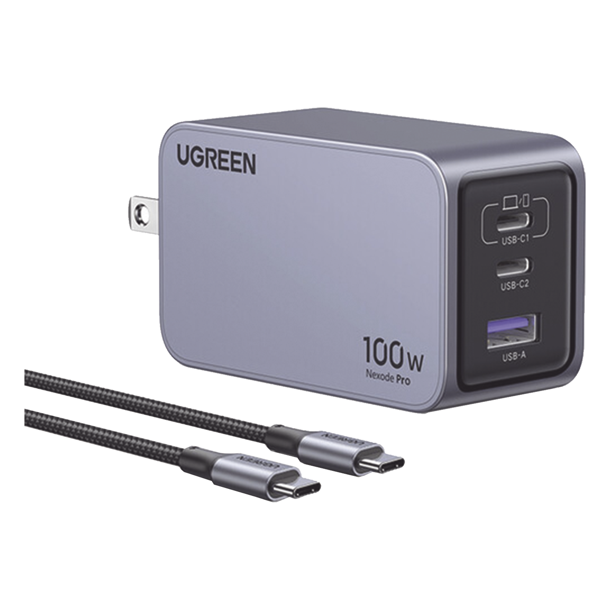Cargador de 100W serie Nexode Pro | 3 Puertos de Carga Rápida | 2 USB-C | 1 USB-A | Tecnología GaNInfinity | PD3.1 de 100W / QC4.0 | Tecnología de Protección Térmica | Optimiza la Carga | Caja de Aluminio | Incluye Cable — UGREEN · SKU 25873