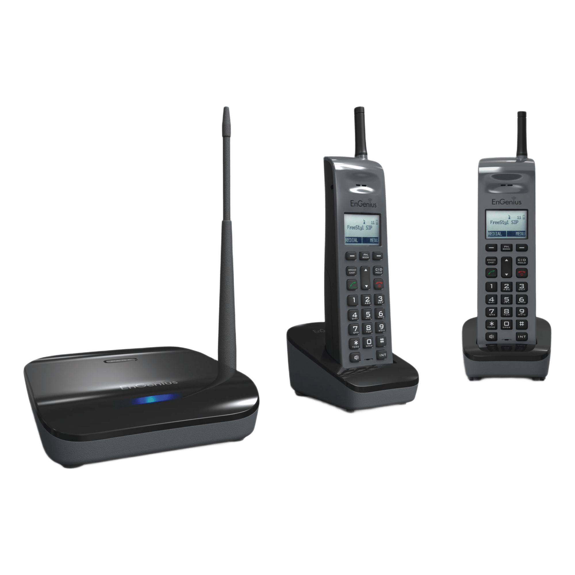 Sistema Telefónico Inalámbrico SIP de Largo Alcance, Incluye Base y Dos Teléfonos Inalámbricos, Soporta 10 Cuentas SIP, Hasta 4 Llamadas Simultaneas, — ENGENIUS · SKU FREESTYL-SIP2
