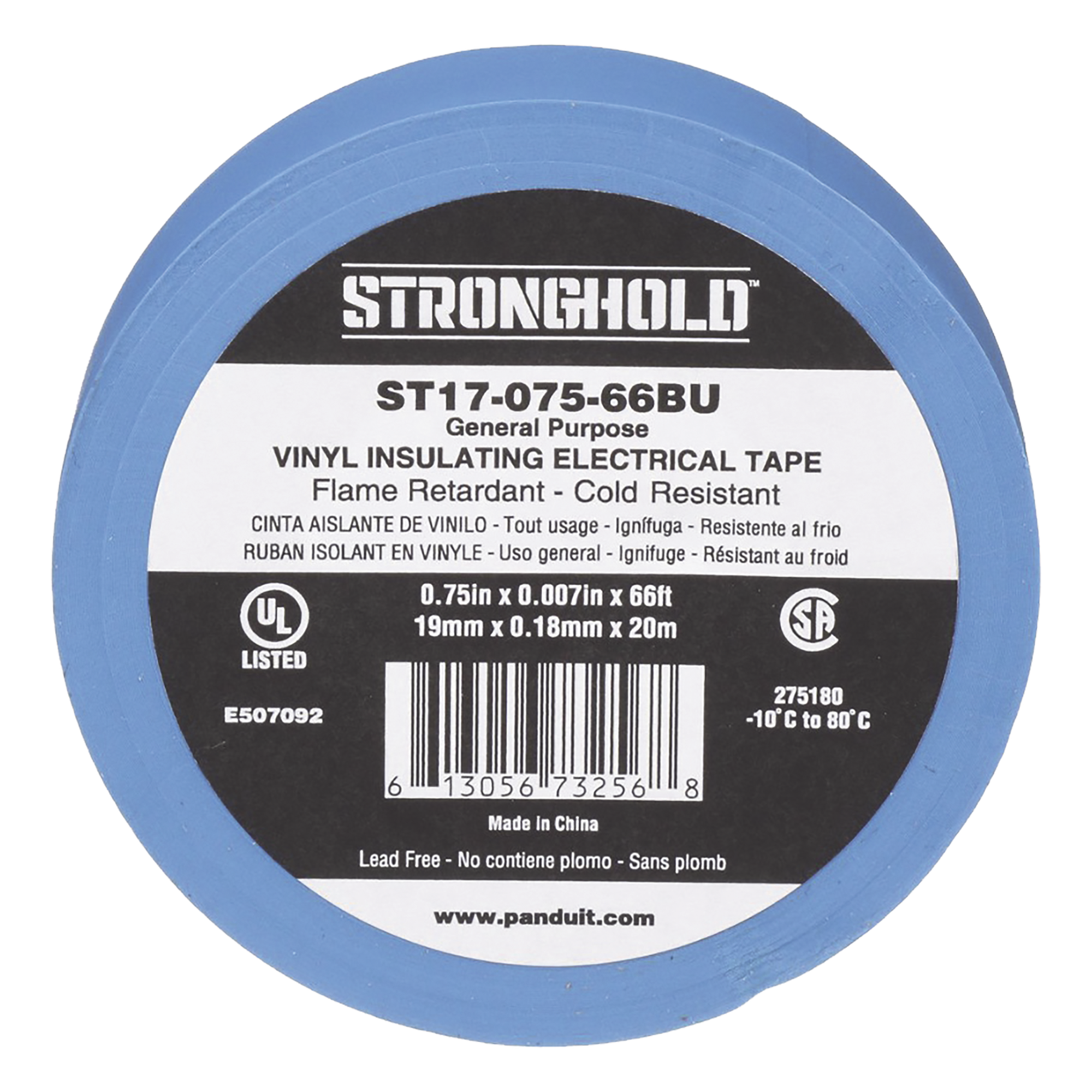 Cinta Eléctrica STRONGHOLD para Aislar, de PVC, Uso General Reparación y Mantenimiento, Grosor de 0.18mm (7 mil), Ancho de 19mm, y 20.12m de Largo, Color Azul — PANDUIT · SKU ST17-075-66BU