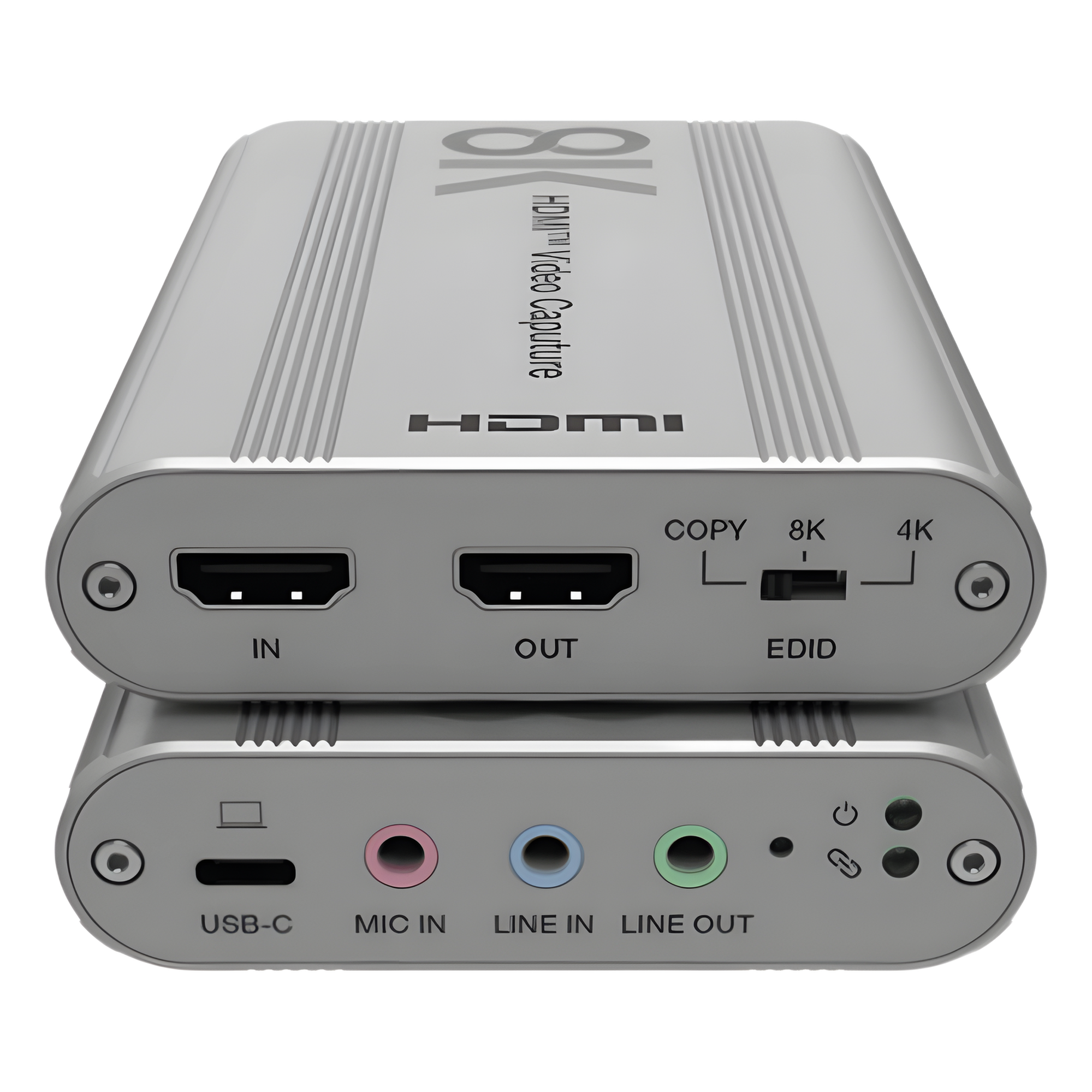 Tarjeta de Captura HDMI 8K a USB 3.2 Gen 1 | Resolución 8K@60Hz y 4K2K@144Hz | Ancho de Banda 48Gbps | Mezcla de Audio HDMI-Micrófono-Línea | Compatibilidad Multiplataforma Windows-macOS-Linux | Carcasa de Aluminio Plateado — EPCOM PROAUDIO · SKU EPCUH80