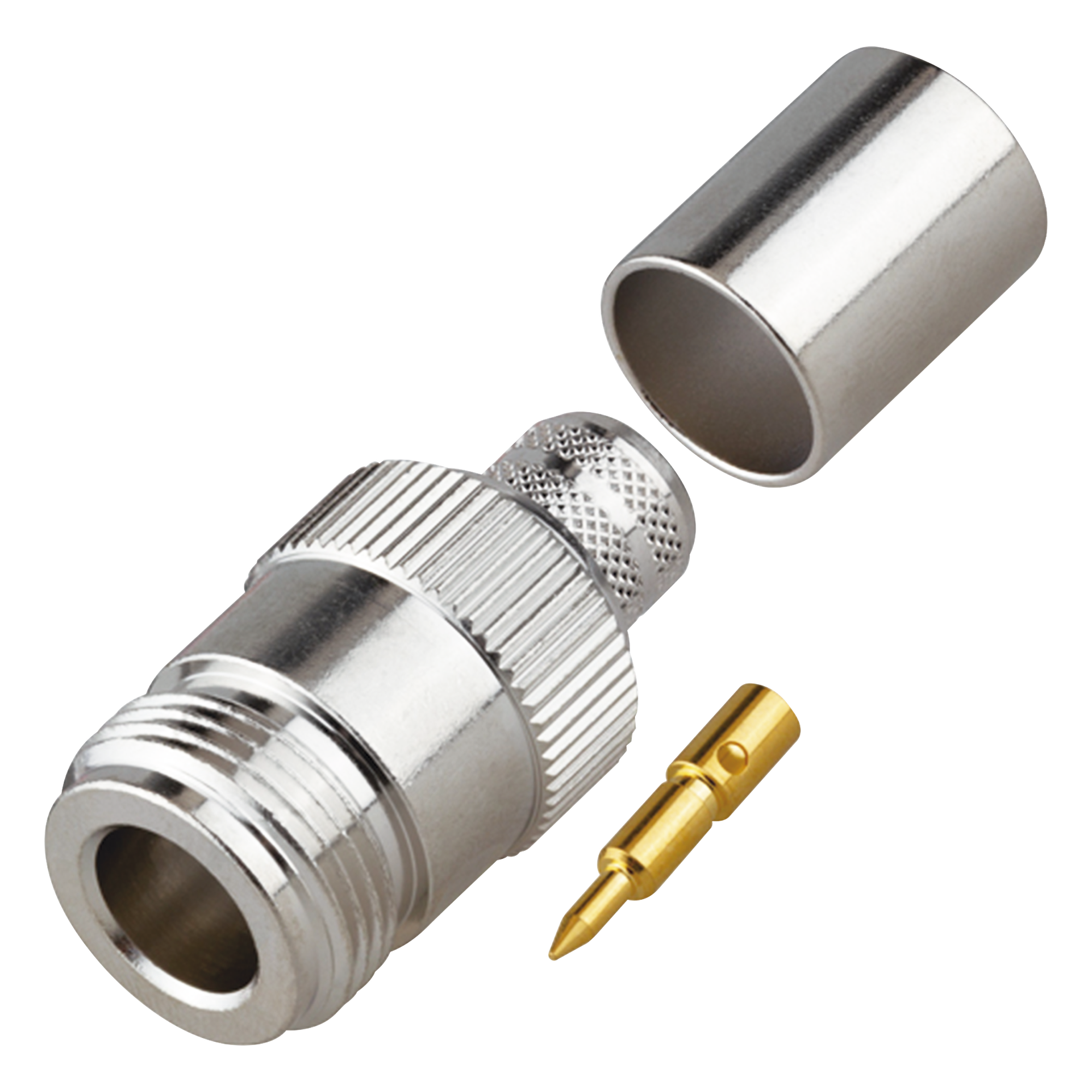 Conector N Hembra Inverso de Anillo Plegable para Cables 9913, RG-8/U, LMR-400, Grupo I, Níquel/ Oro/ Teflón. — RF INDUSTRIES,LTD · SKU RP-1028-I