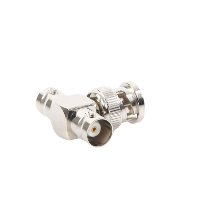 Adaptador en T para 50 Ohm de BNC Macho a Doble BNC Hembra, Maquinado, Níquel/ Oro/ Teflón.