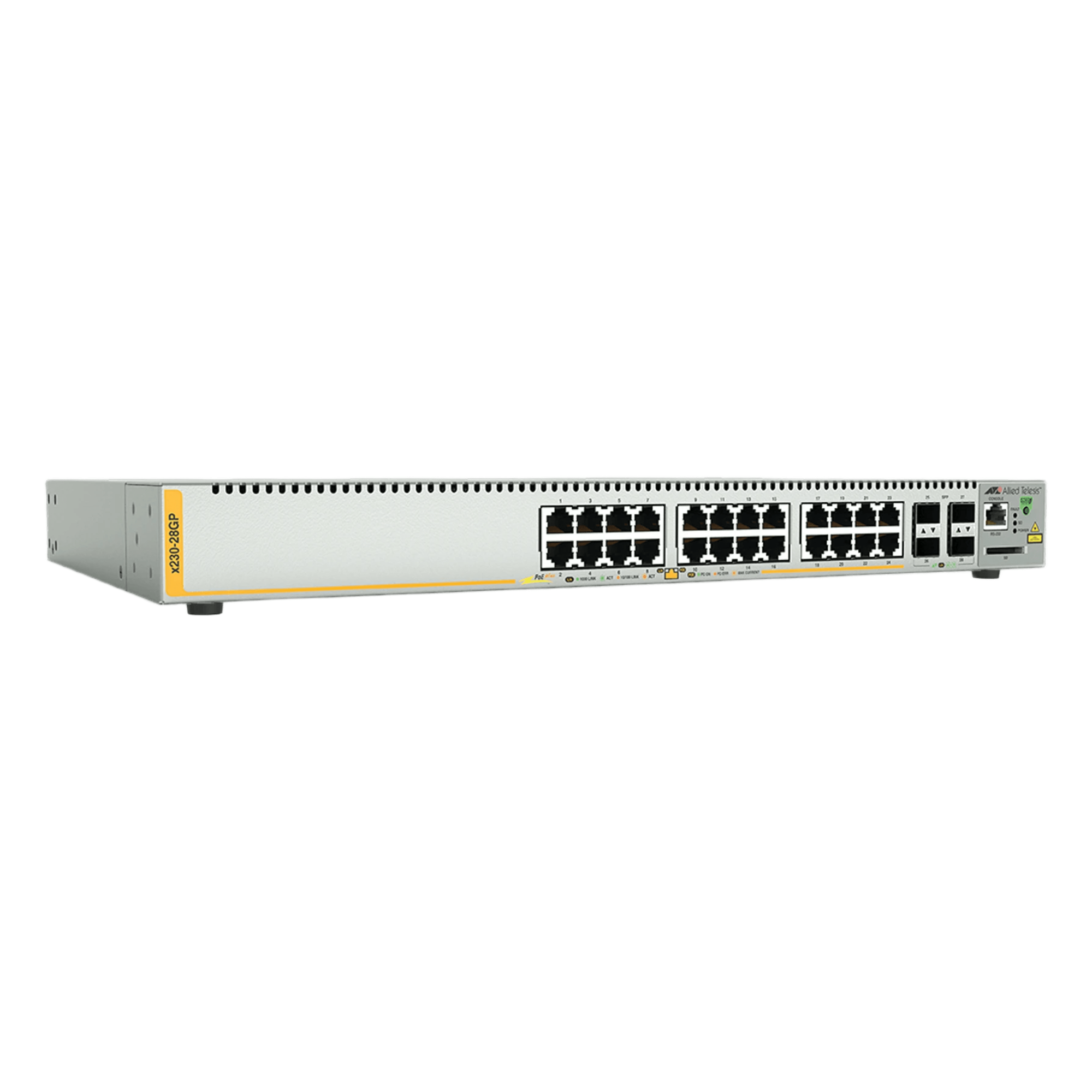Switch PoE+ Administrable Capa 3, 24 Puertos 10/100/1000 Mbps + 4 SFP Gigabit, 370 W — ALLIED TELESIS · SKU AT-X230-28GP-90