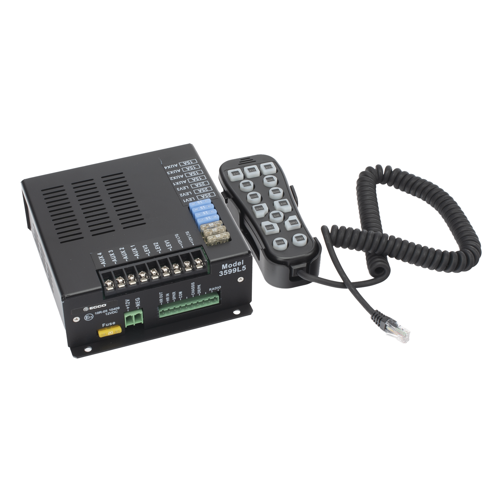 Sirena Vehicular H2 Covert ™ de 200W de Potencia, Con Controlador Unimando de 14 Botones Para Control de Tonos, 7 Salidas Auxiliares y Micrófono — ECCO · SKU 3599L5