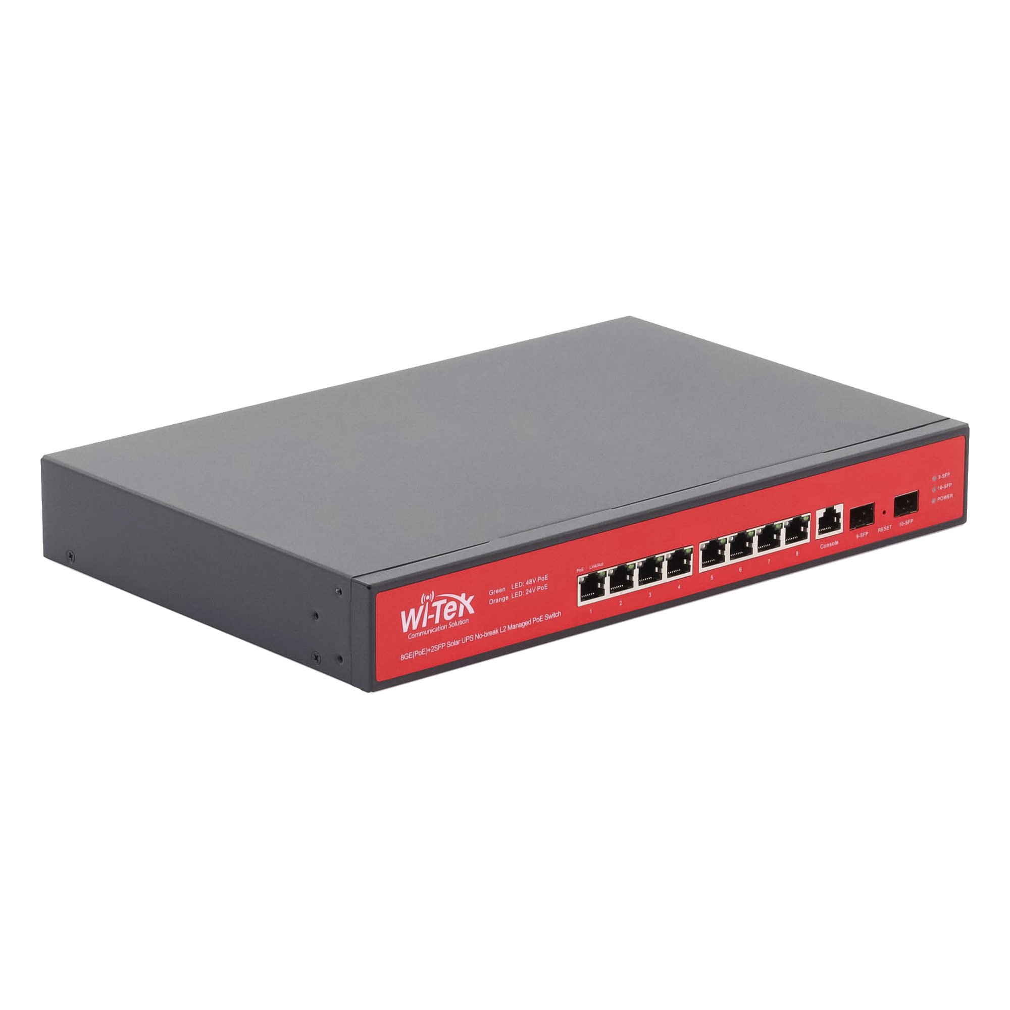 Switch Administrable Capa 2 de 8 puertos 10/100/1000 PoE af/at + 2 x SFP Gigabit, con respaldo para energía solar