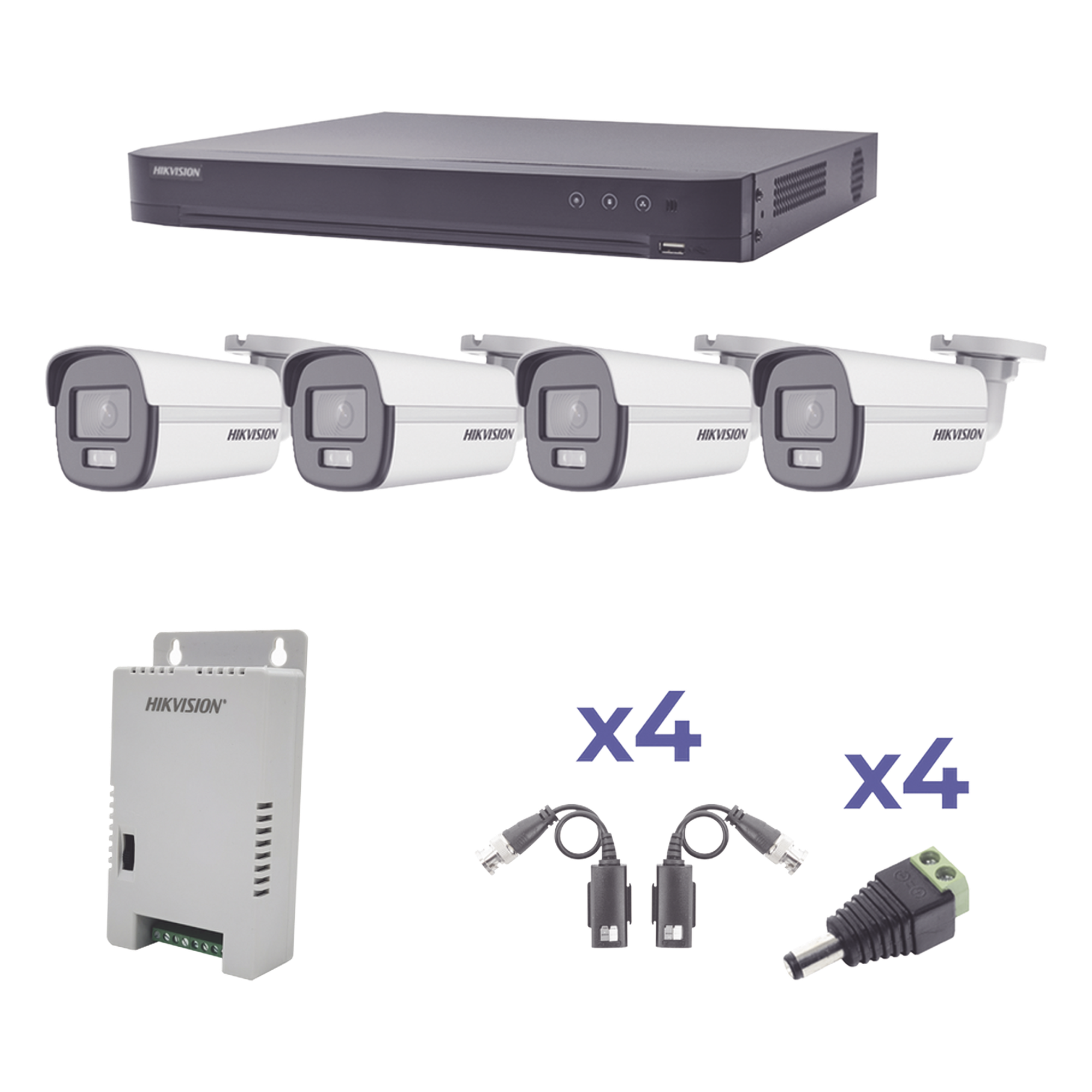 KIT COLORVU TURBOHD 1080p / DVR 4 Canales / 4 Cámaras Bala (exterior) lente 2.8mm / Fuente de poder profesional / Transceptores de video y Accesorios de corriente — HIKVISION · SKU KH1080P4BC