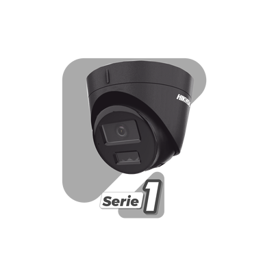 [Dual Light] Turret IP 4 Megapixel / Color Negro /  Lente 2.8 mm / 30 mts IR + 30 mts Luz Blanca / Micrófono Integrado / ACUSENSE Lite / Exterior IP67 / H.265 / PoE / ONVIF / Micro SD