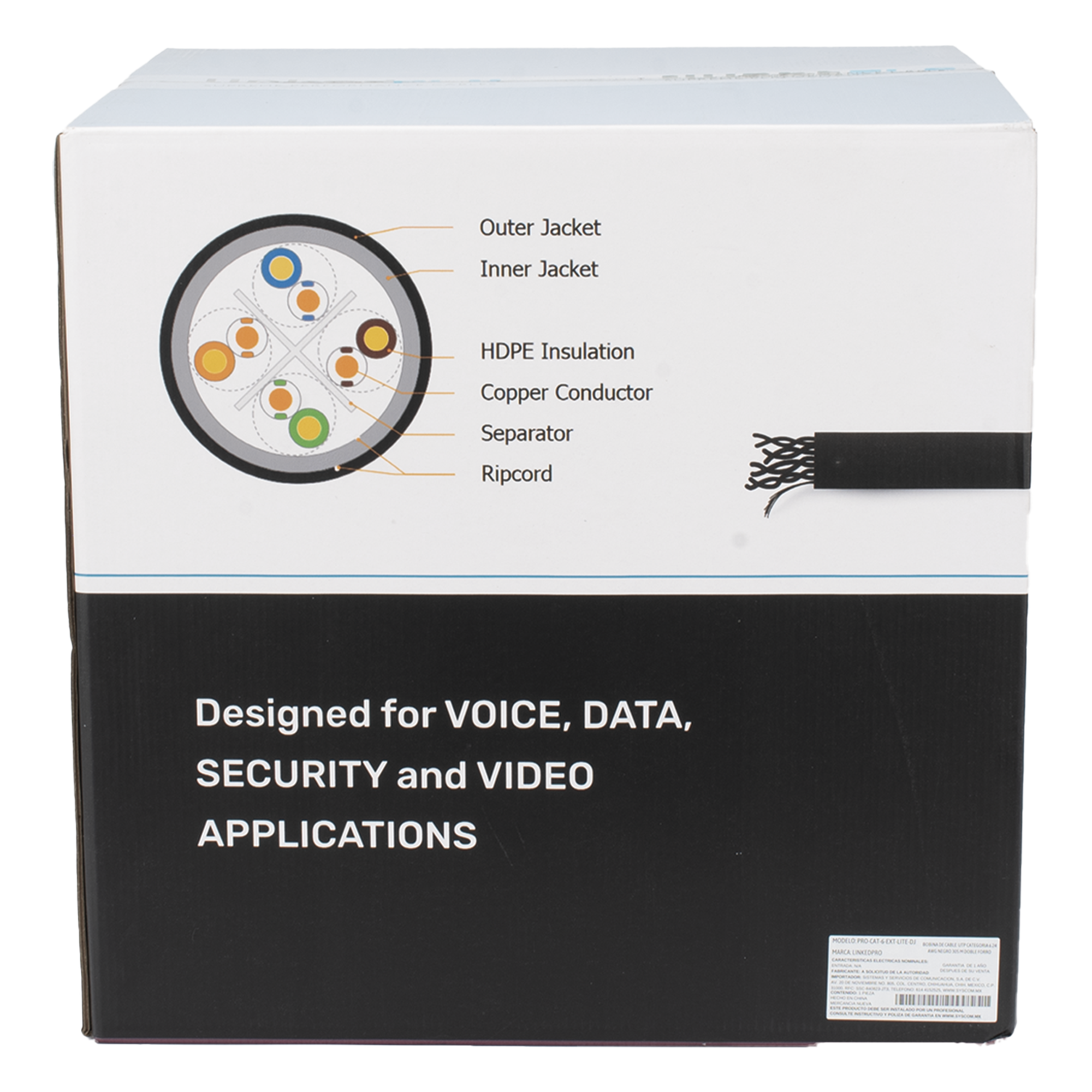 Bobina de Cable UTP 305 Metros (1000 Pies), Cat6 con Doble Forro, para Exterior, Climas Extremos, Color Negro — LINKEDPRO BY EPCOM · SKU PRO-CAT-6-EXT-LITE-DJ