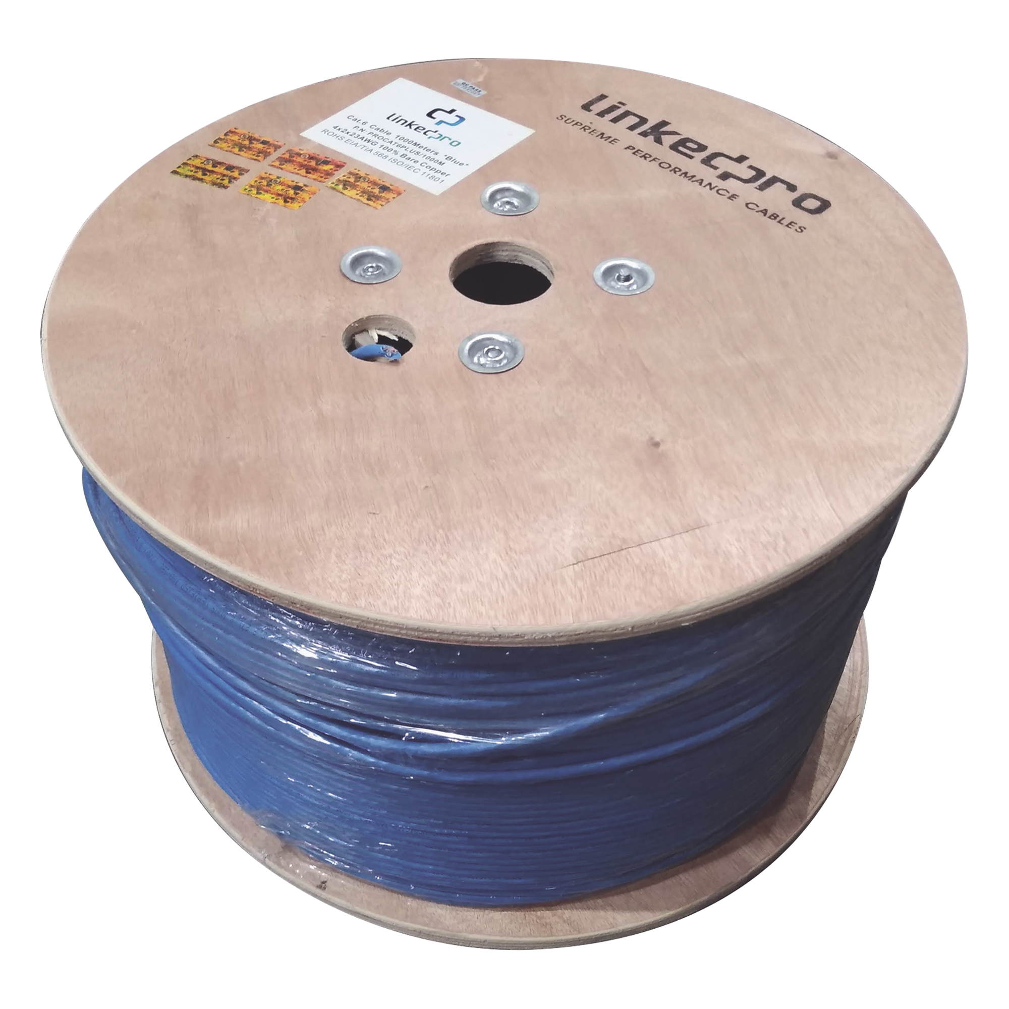 Bobina de 1000 Metros (3280.84 Pies) Cable Cat6+ Calibre 23 Alto Desempeño, ETL, UL, Color Azul, Super Flexible, de 1000 Metros (3280.84 Pies), para Aplicaciones de CCTV, Video HD, y Redes de Datos — LINKEDPRO BY EPCOM · SKU PRO-CAT-6-PLUS/1000M
