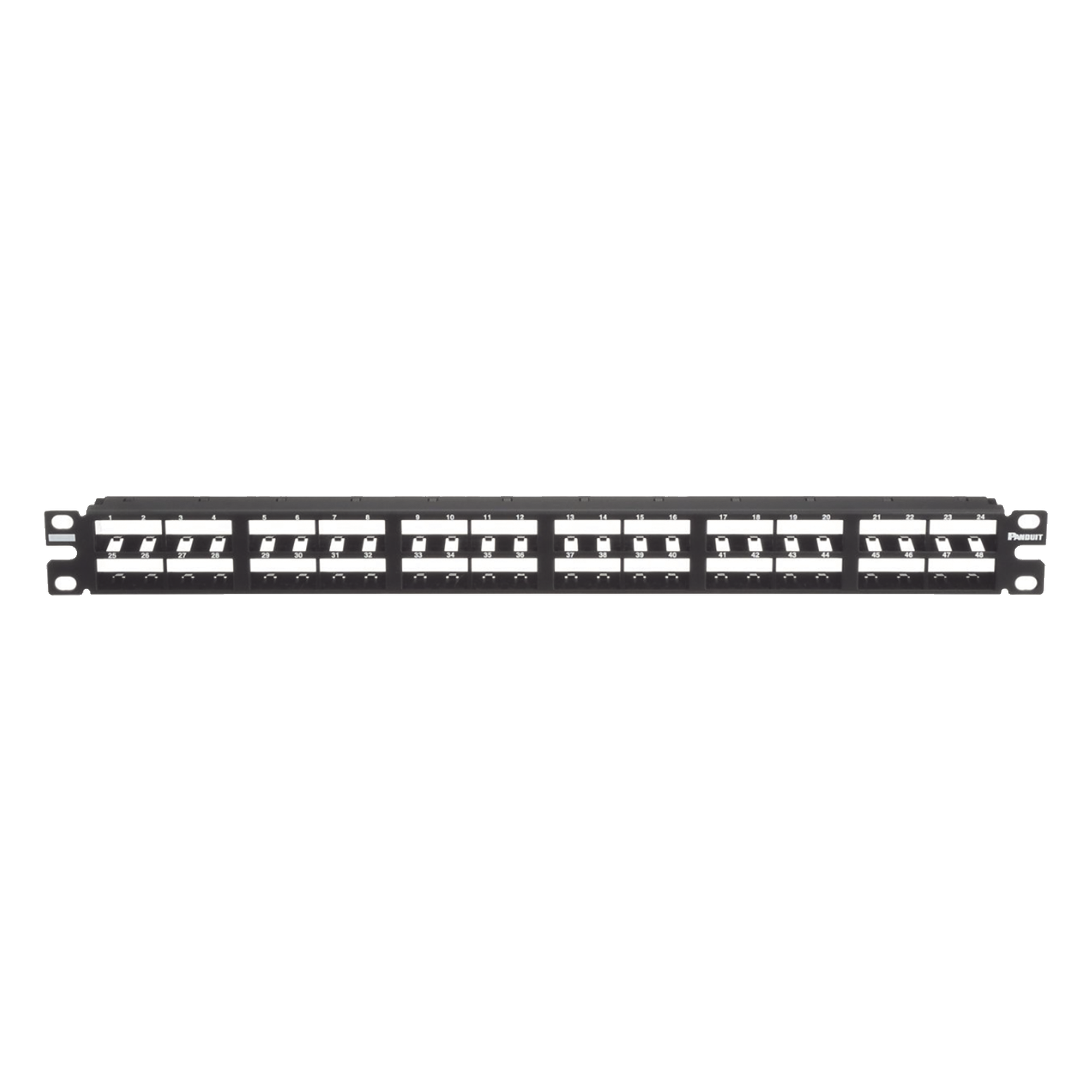 Panel de Parcheo Modular Mini-Com (Sin Conectores), Plano, Sin Blindaje, Alta Densidad, Identificación Con Etiqueta Adhesiva, de 48 Puertos, 1 UR — PANDUIT · SKU CPP48HDWBLY