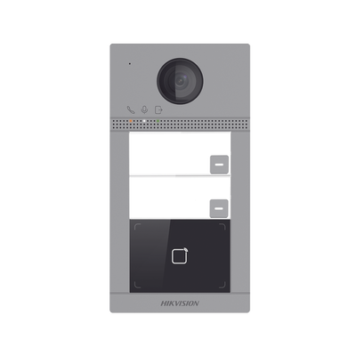 Videoportero IP 2 Megapixel / Llamada y Apertura Remota desde App Hik-Connect (requiere monitor) / PoE / Exterior IP65 + Antivandalico IK08 / 2 Departamentos / Apertura con Tarjeta / Soporta 2 Puertas y hasta 6 Monitores