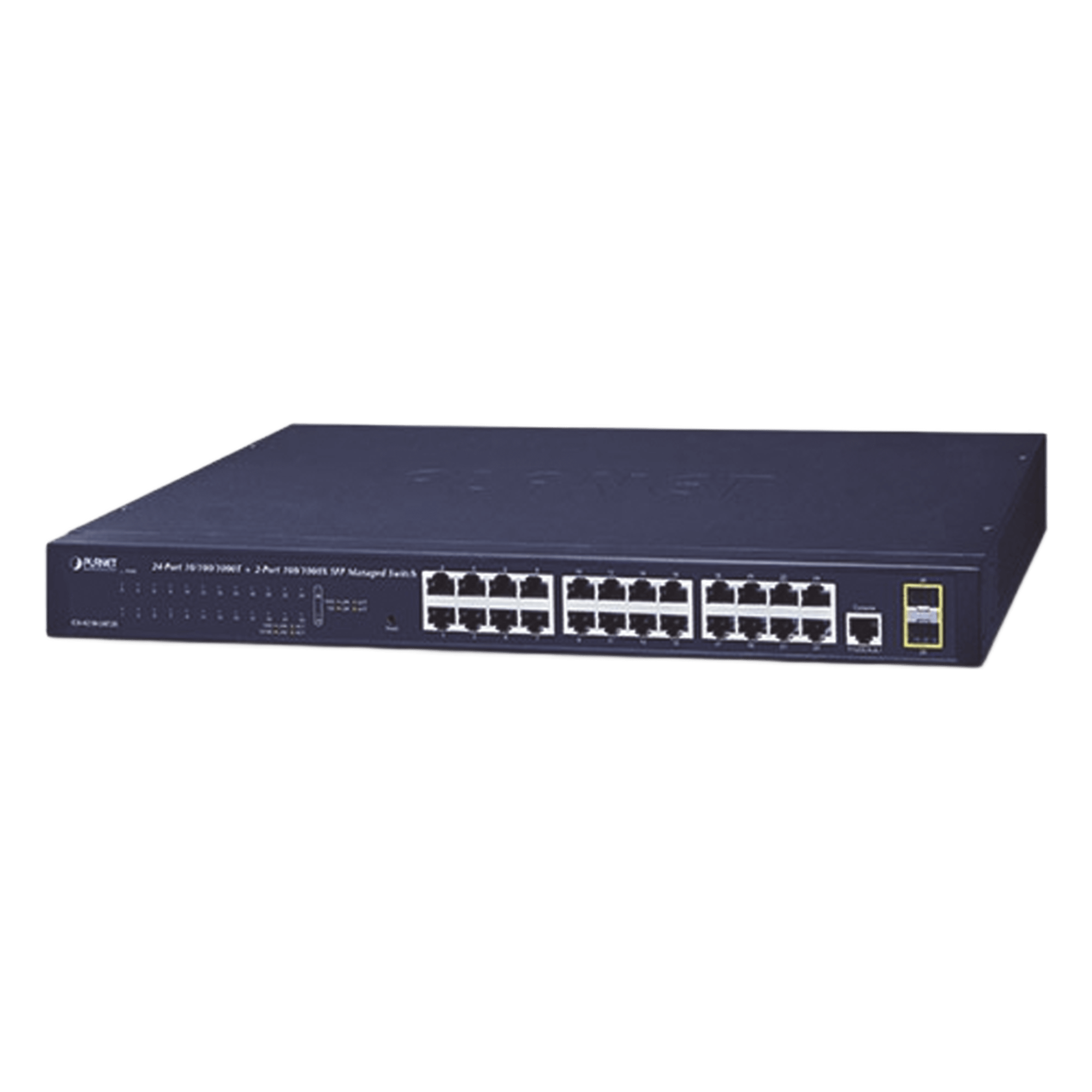 Switch Administrable Capa 2 de 24 Puertos Gigabit 10/100/1000T, 2 Puertos SFP 100/1000X , Cuenta con una Interfaz de Consola  — PLANET · SKU GS-4210-24T2S