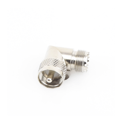 Adaptador en Ángulo Recto, de Conector UHF Macho (PL-259) a UHF Hembra (SO-239), Níquel/ Oro/ Delrin.