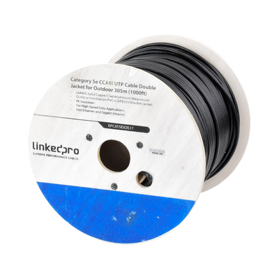 Bobina de Cable de 305 Metros (1000 Pies) Cat5e, Aleación de Cobre y Aluminio (CCA), Color Negro, Uso Intemperie, Doble Forro