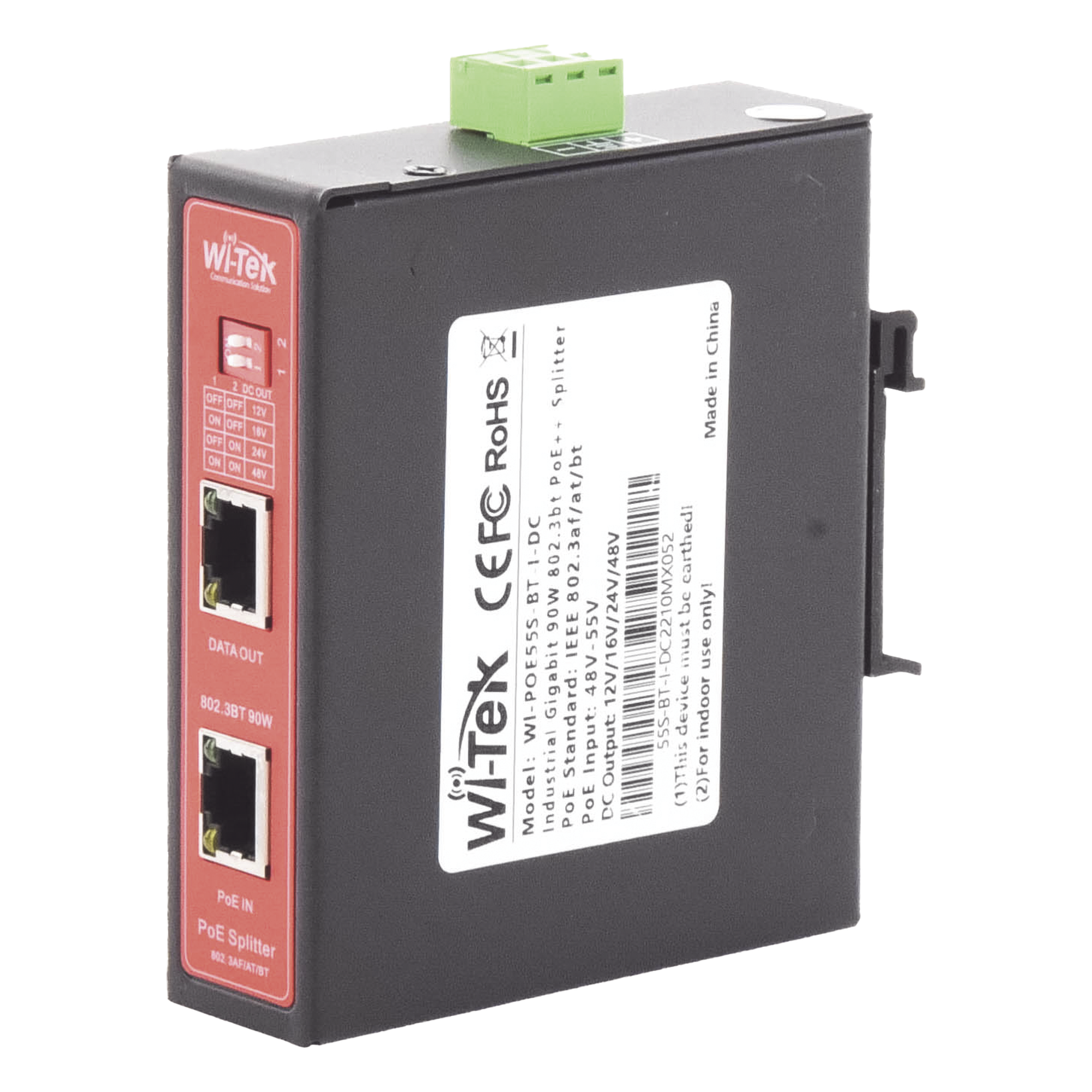 Splitter PoE IN hasta 90 W / Salida DC 12v/16V/24v o 48V / Carcasa metálica / Industrial soporte para riel DIN / Aplicaciones CCTV — WI-TEK · SKU WIPOE55SBTIDC