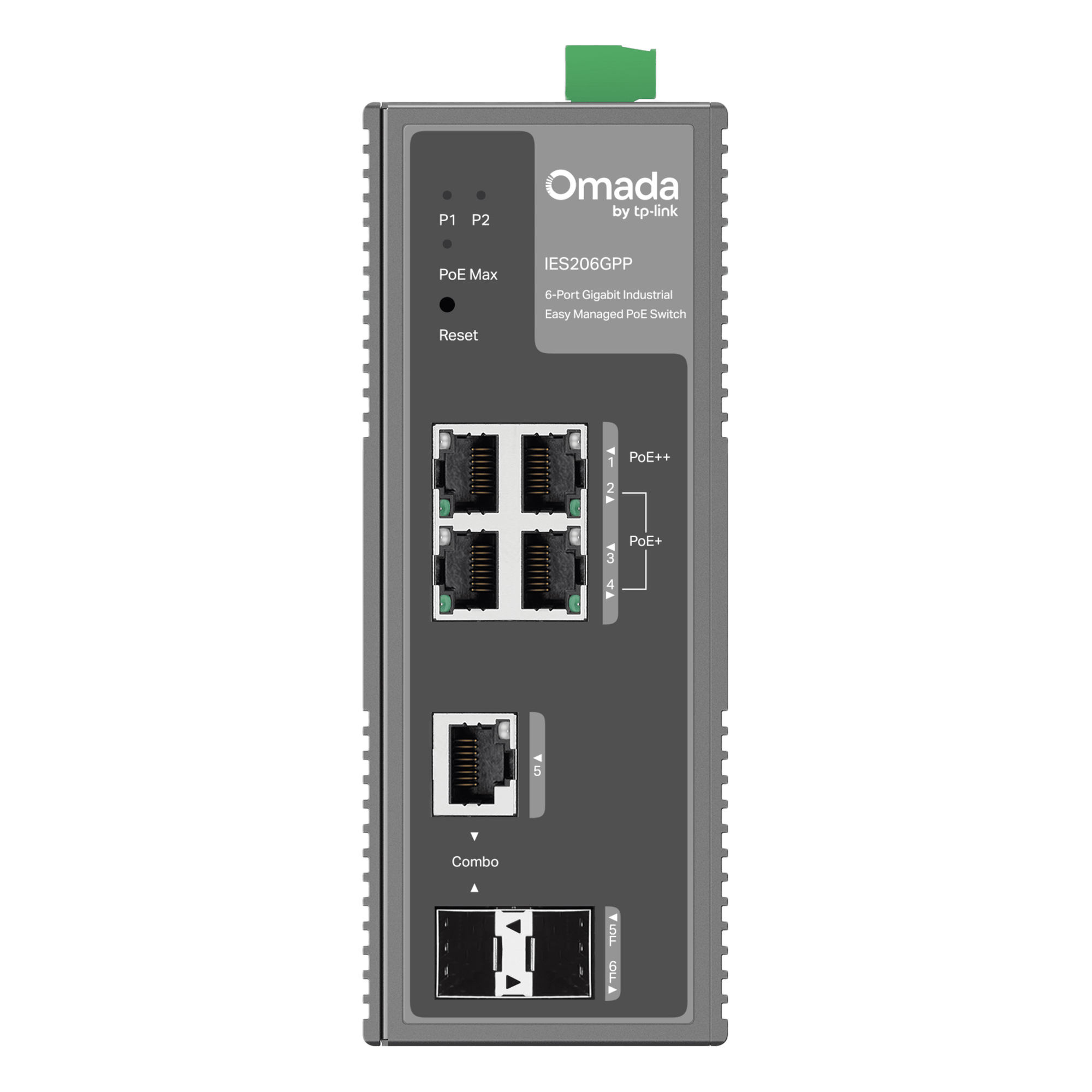 Switch Industrial Easy Managed / 6 Puertos Gigabit / 4 PoE (1× PoE++ 60W + 3× PoE+ 30W) / 120W PoE Budget / 2 SFP / IP40 / -40°C a 75°C / 6kV Protección Rayos / DIN-Rail — TP-LINK · SKU IES206GPP