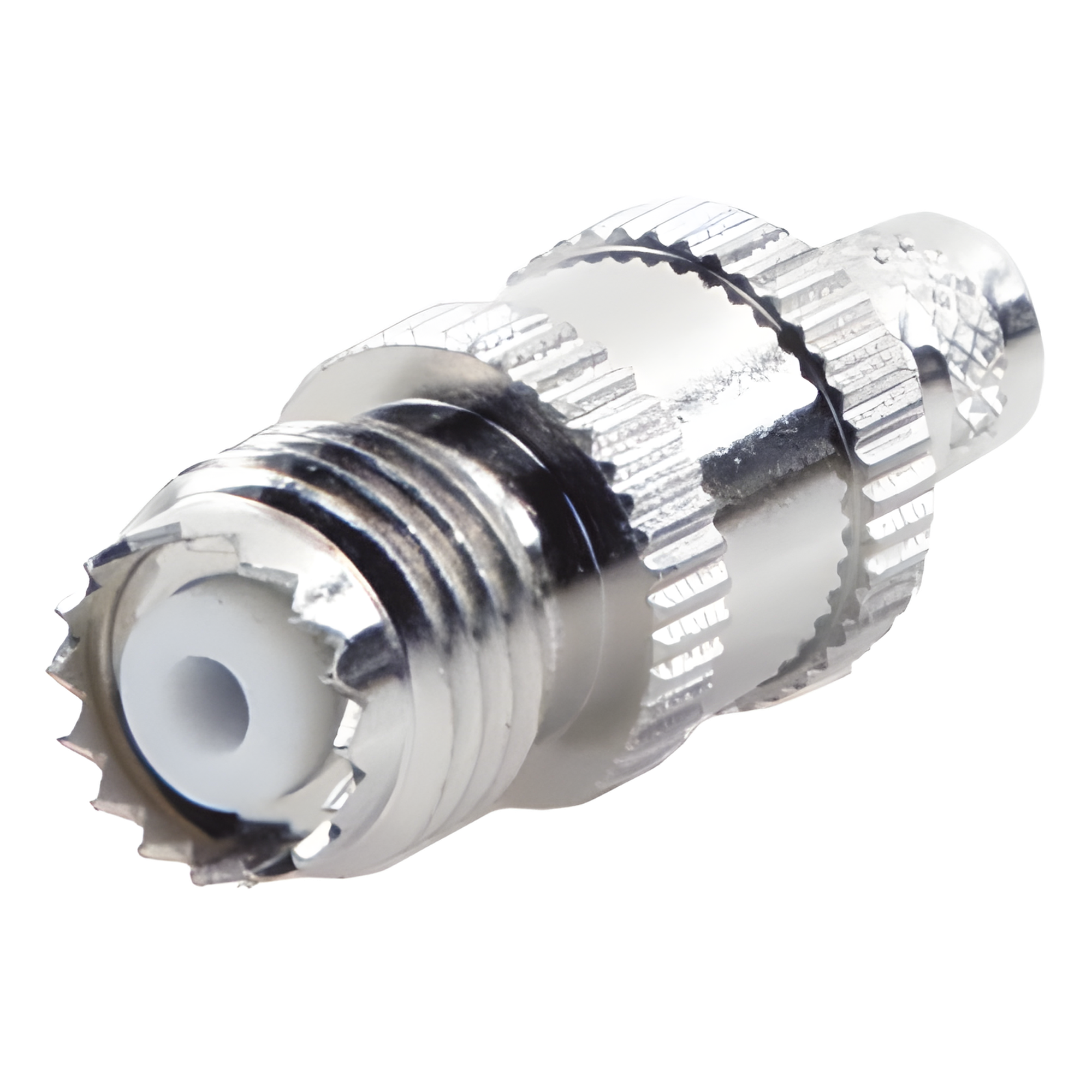Conector Mini-UHF Hembra en Línea, de Anillo Plegable para Cable Coaxial RG-8/X, 9258, LMR-240, Níquel/ Plata/ Teflón. — RF INDUSTRIES,LTD · SKU RFU-601-1X