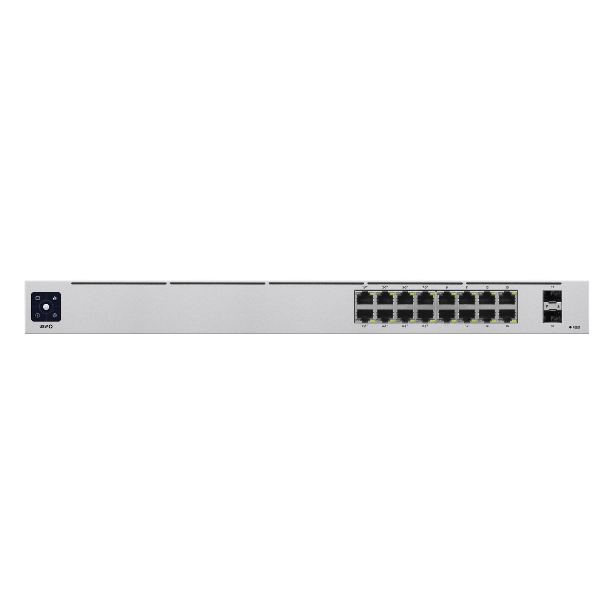 Switch PoE Administrable / 16 Puertos Gigabit / 8 Puertos PoE 802.3af/at / 2 SFP 1G / 42W / 1U Rack / 1.43 x 7.87 x 17.42 pulgadas — UBIQUITI · SKU USW-16-POE